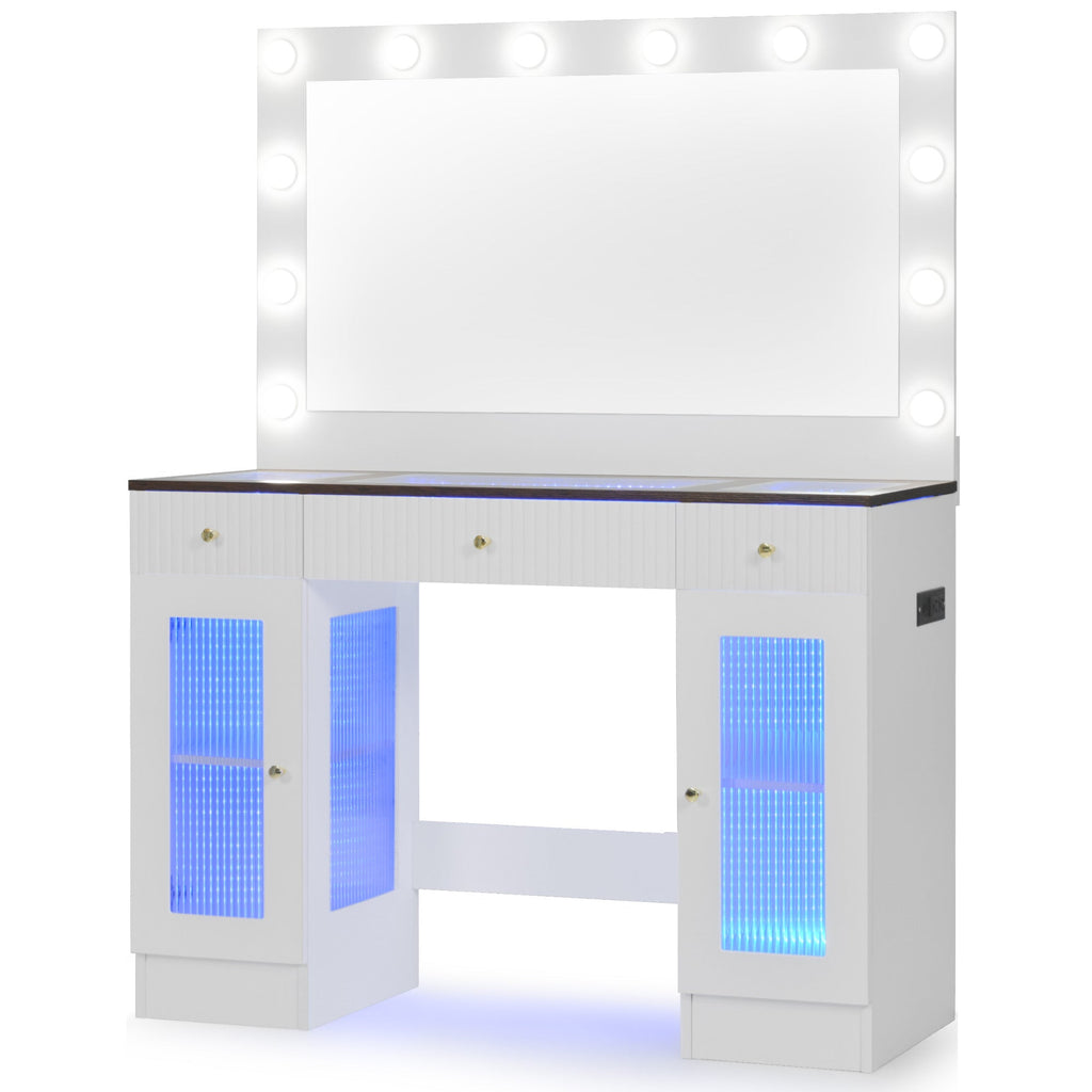 43.3' Vanity Desk with Large Mirror and Hollywood Bulbs, Modern Glass Top Makeup Vanity with Drawers and Power Outlet, Large Dressing Table with 3 Color Lighting Modes & RGB Cabinets for Bedroom