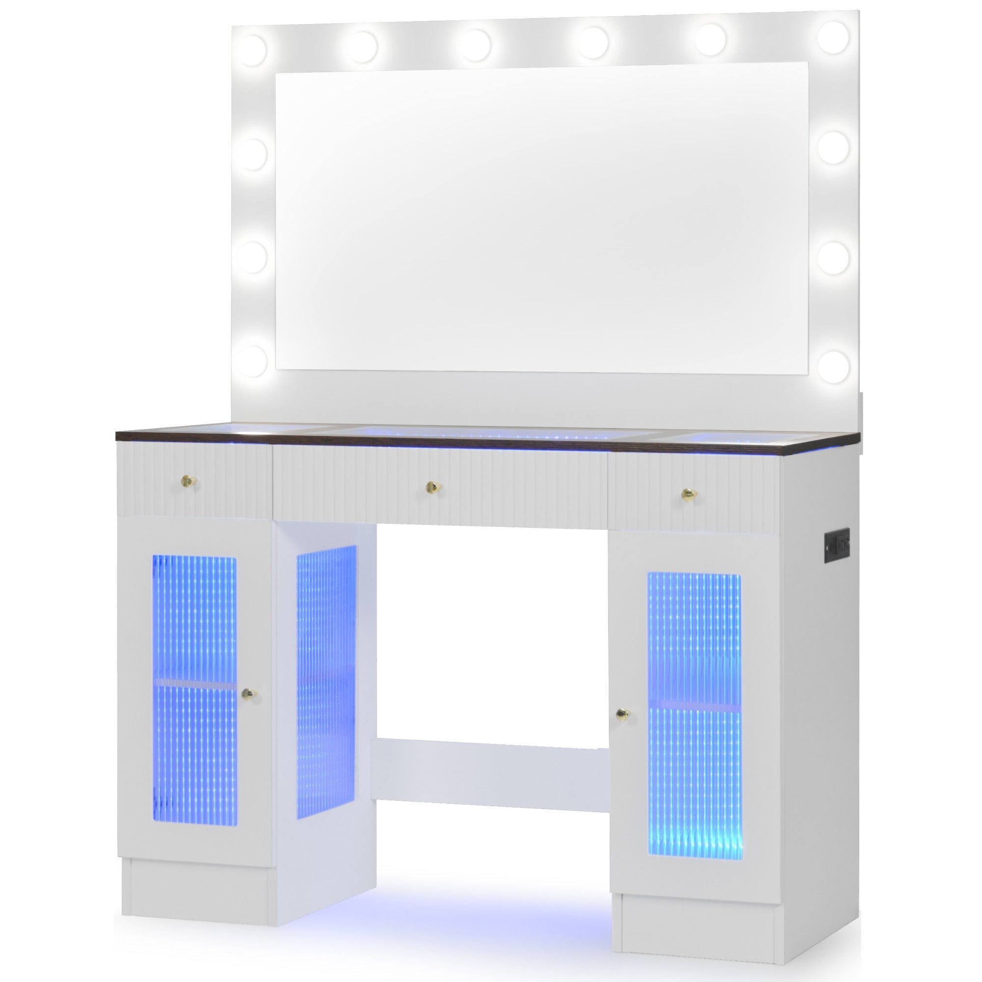 43.3' Vanity Desk with Large Mirror and Hollywood Bulbs, Modern Glass Top Makeup Vanity with Drawers and Power Outlet, Large Dressing Table with 3 Color Lighting Modes & RGB Cabinets for Bedroom