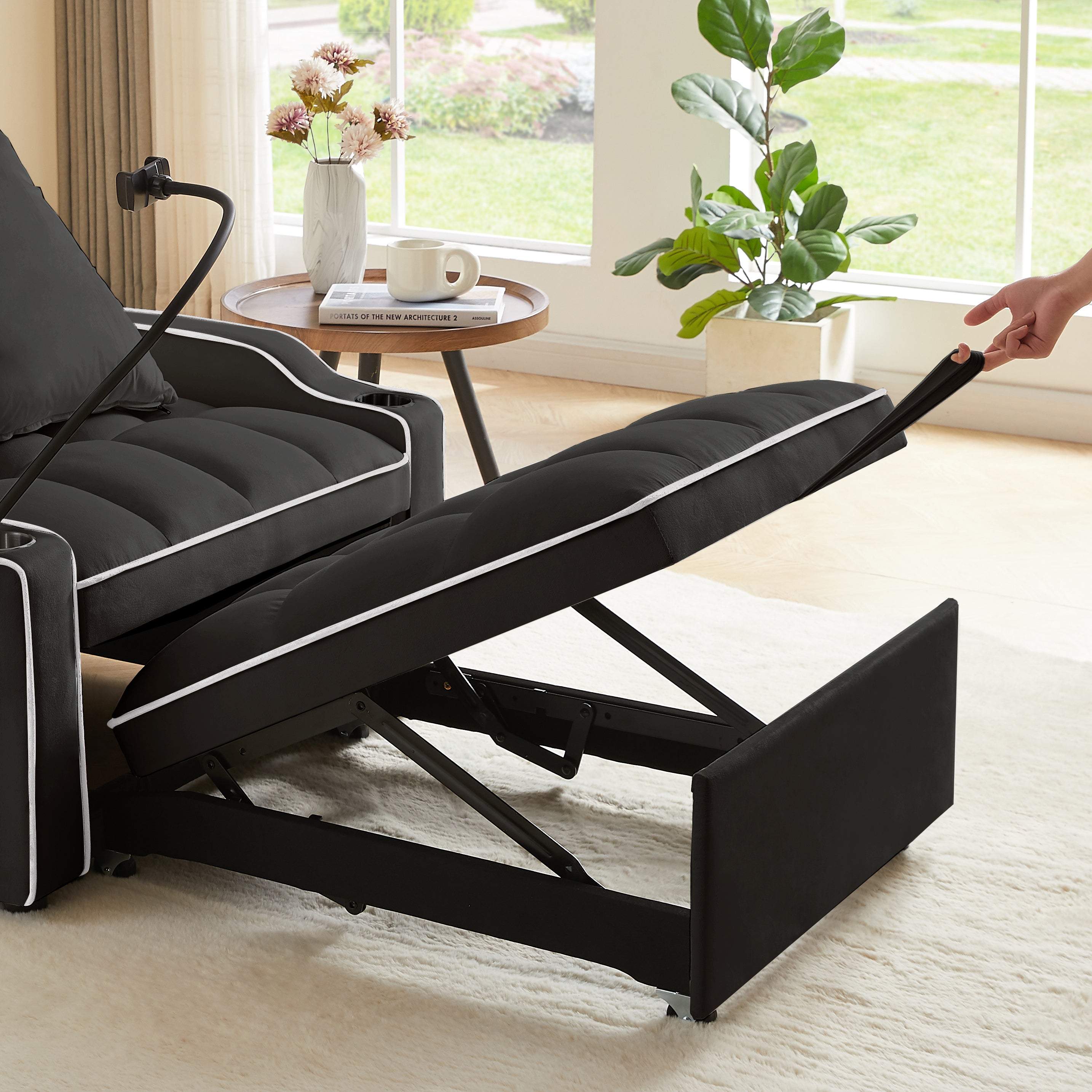 Convertible 3-in-1 Sofa Bed with Multi-Pockets and Adjustable Sleeper in Black Velvet