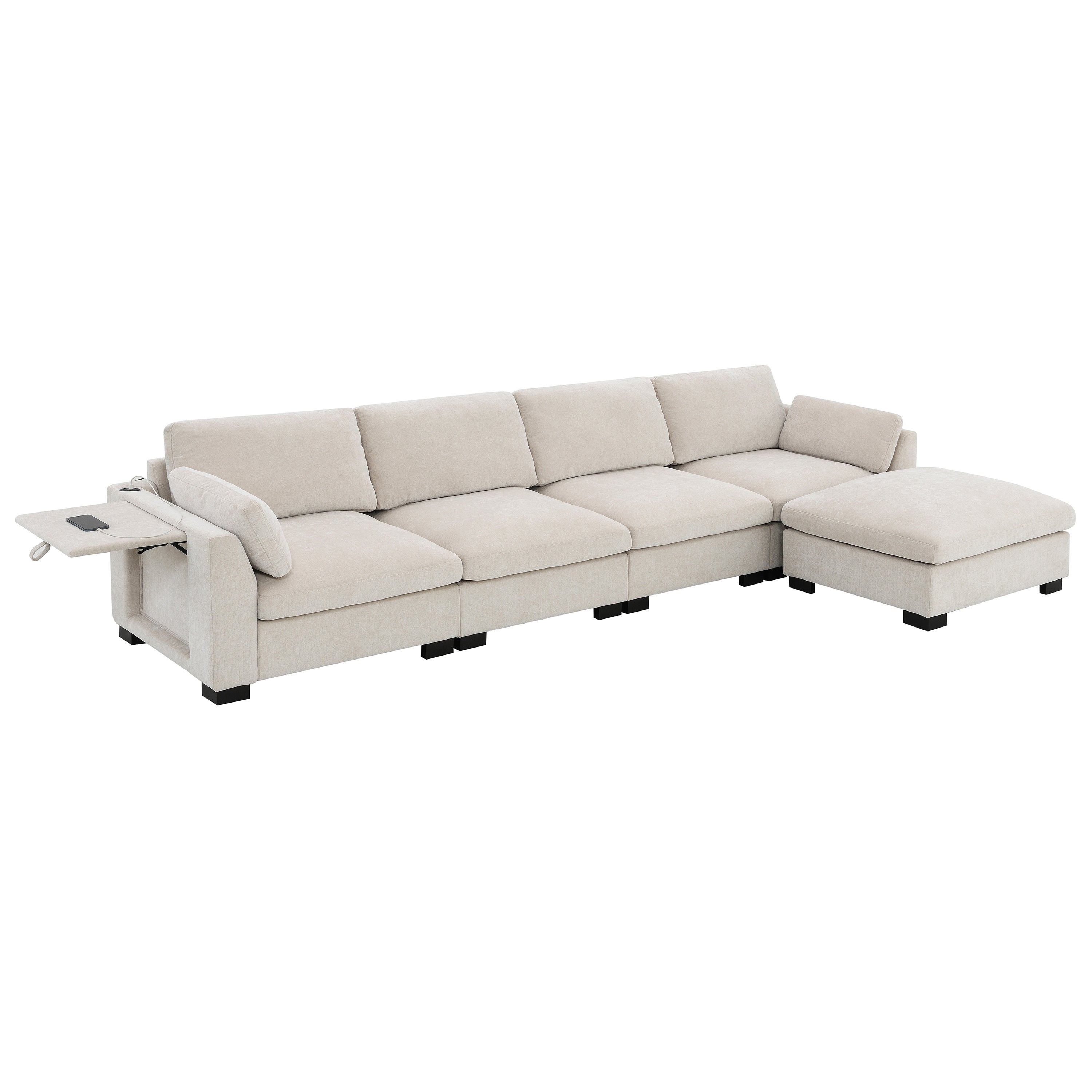 [VIDEO]130' Modular Sectional Sofa, L-Shape with Folding Table and Dual-Port Charging, Side Storage Pockets, 2 Armrest Pillows, Free Movement Ottoman, High Density Foam, Chenille, 5 Seat, 2 Colors