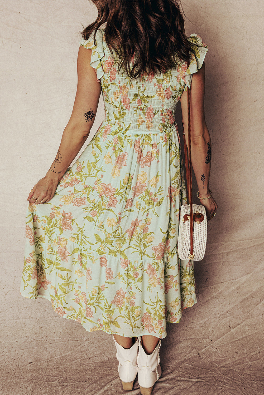 Floral Smocked V-Neck Ruffle Tiered Maxi Dress