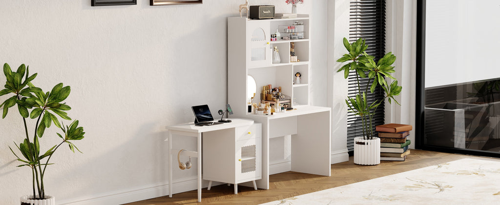 Computer Desk with 90 Degree Rotating Desktop, 43x70 Inch Office Desk with Storage Drawer and Cabinets, Gaming Desk with Shelves, Writing Desk for Study, Work Desk for Home Office Bedroom Living Room