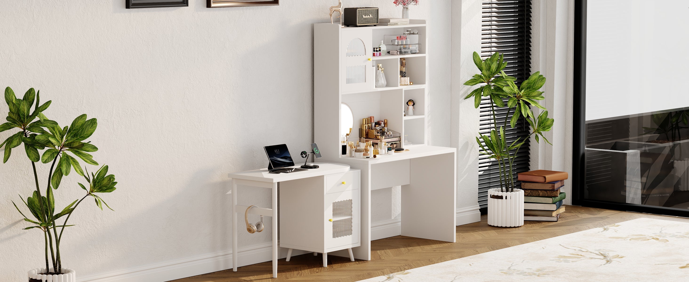 Computer Desk with 90 Degree Rotating Desktop, 43x70 Inch Office Desk with Storage Drawer and Cabinets, Gaming Desk with Shelves, Writing Desk for Study, Work Desk for Home Office Bedroom Living Room