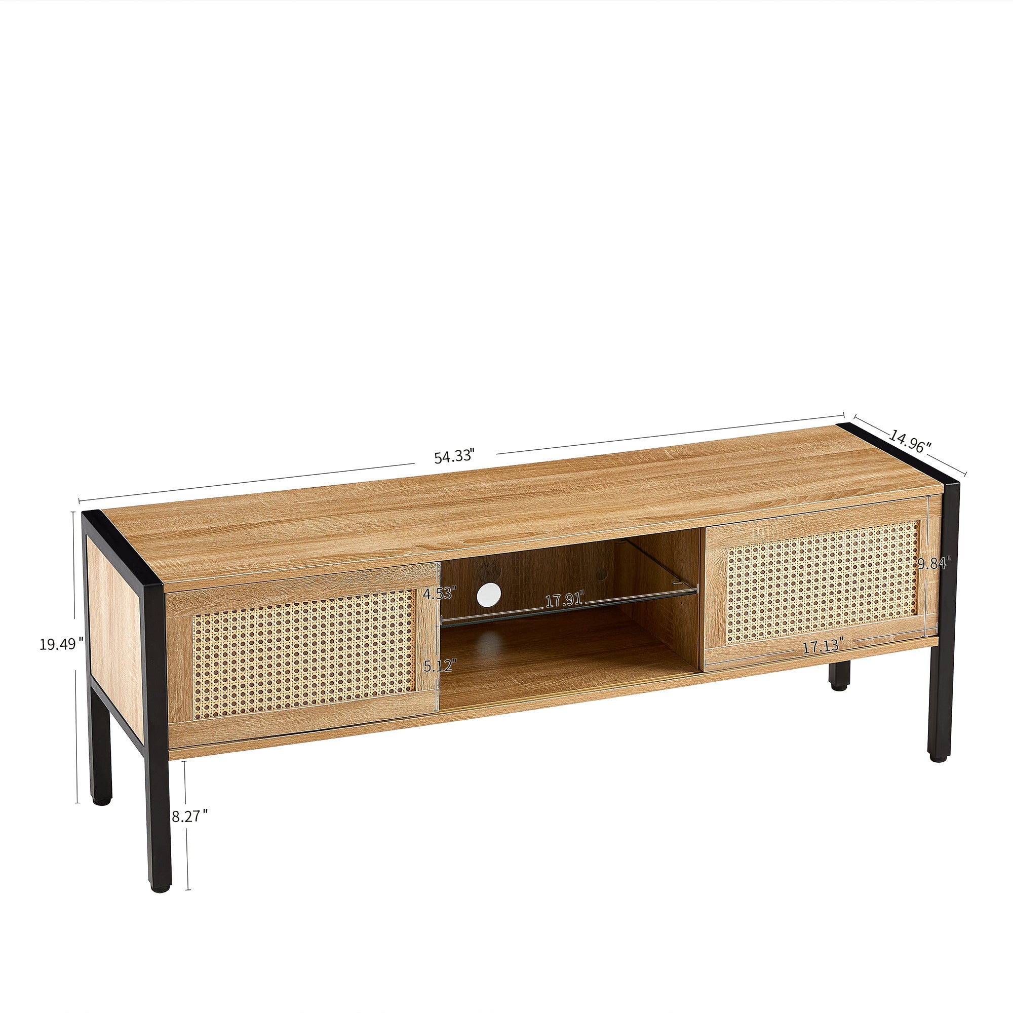 Natural Rattan TV Cabinet with Color Light Strip, Double Sliding Doors, Adjustable Shelf, Metal Legs, 54.33 Inches