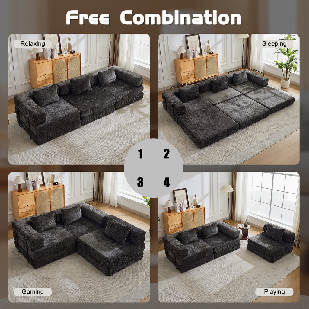 Compression Sofa,Convertible Floor Sofa Bed with Fixed-Shape Frame, Boneless Modular Sectional Sofa,No Assembly Required,Chenille fabric,for Living Room Bedroom,Black