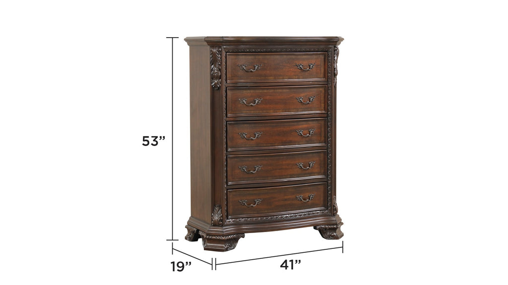 Traditional Style 5 Pc Queen Bedroom Set With Intricate Wood Carvings Made with Wood in Walnut