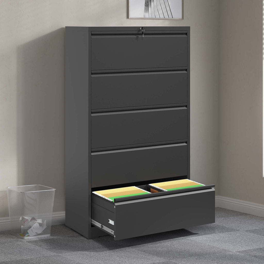 Modern Black 5-Drawer Steel Lateral File Cabinet with Lock for Legal/Letter/A4/F4 Files