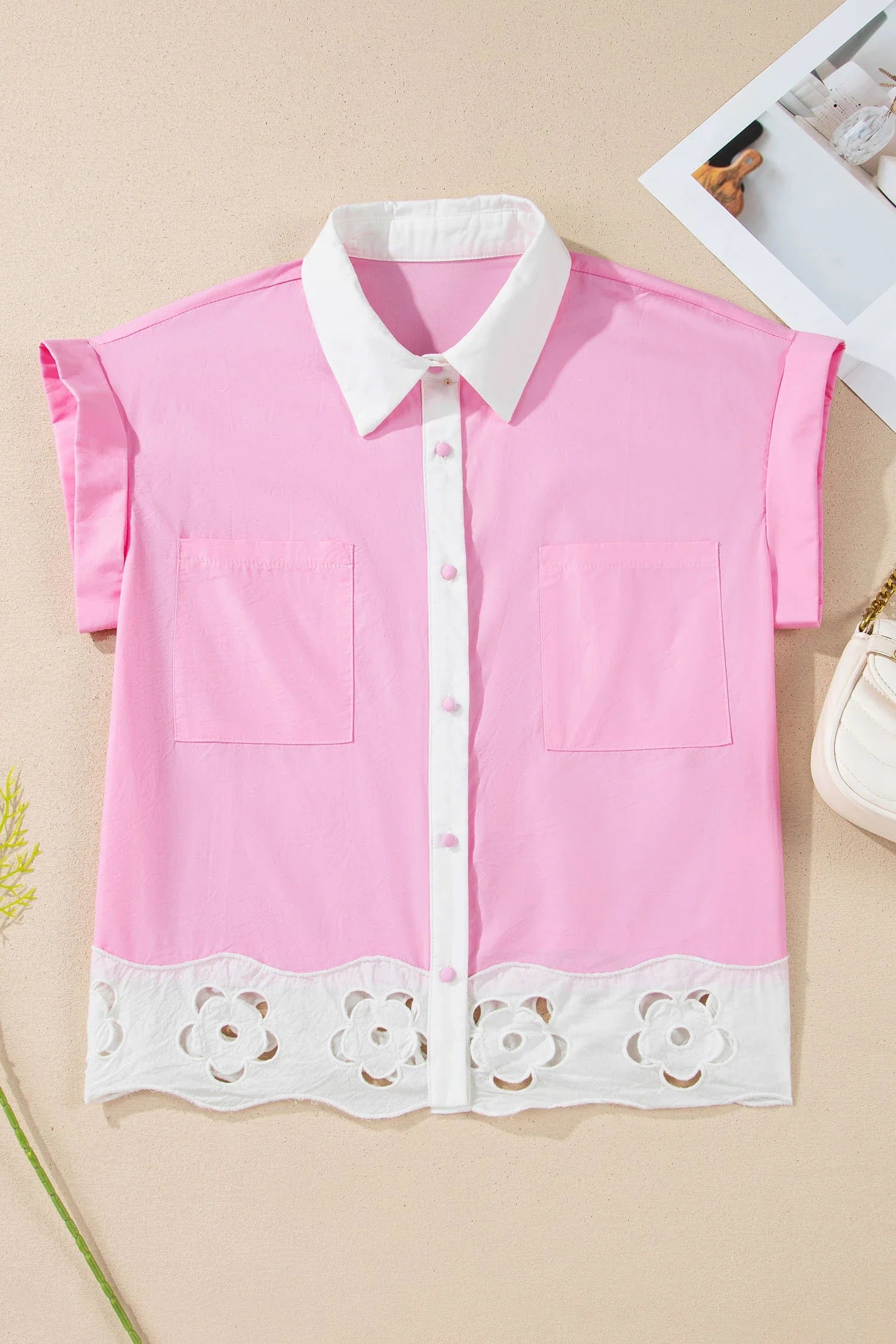 Floral Hollow Out Contrast Patchwork Shirt