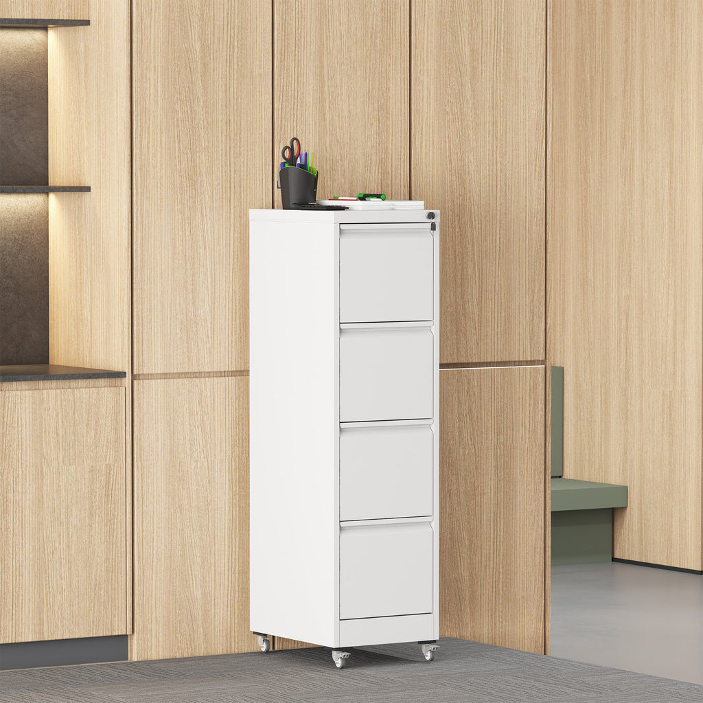 4 Drawer Metal Locking Vertical File Cabinet with Wheels - Heavy-Duty Lockable Storage for Home & Office, Black and White, 17.71'D x 15.16'W x 52.28'H