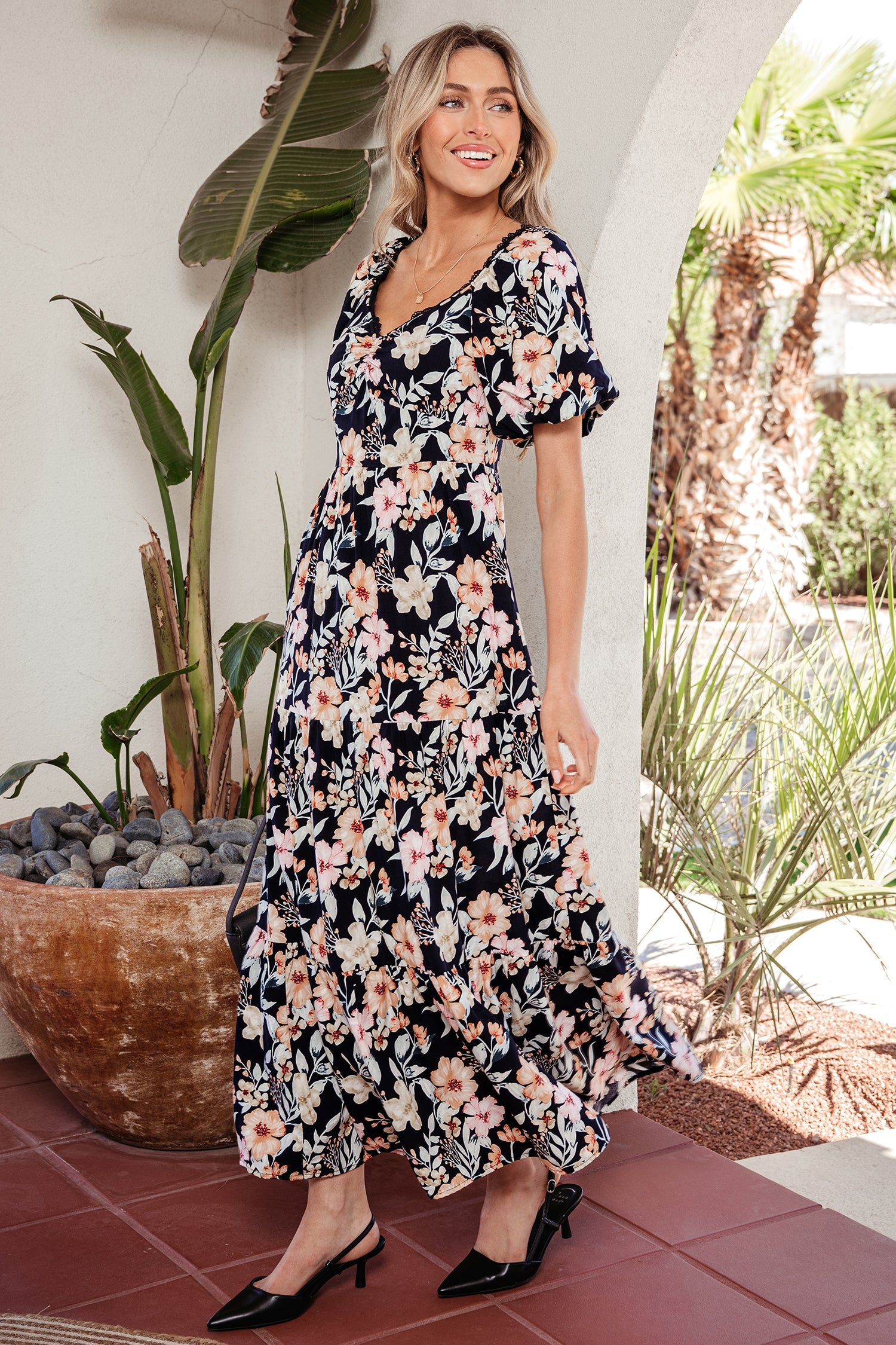Floral Short Sleeve Smocked High Waist Maxi Dress