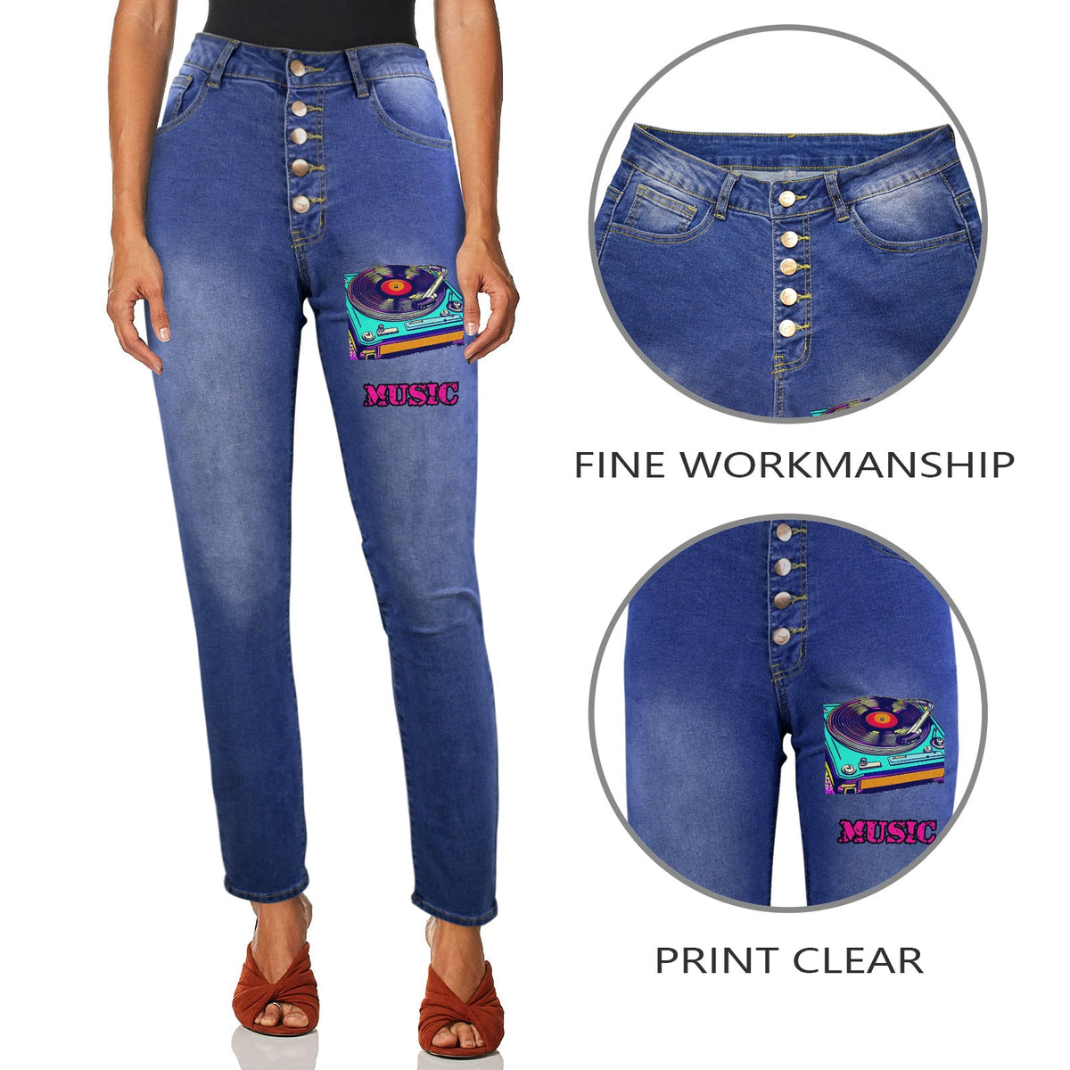 Women's Music and Turntable Decorated Jeans with Front Printing