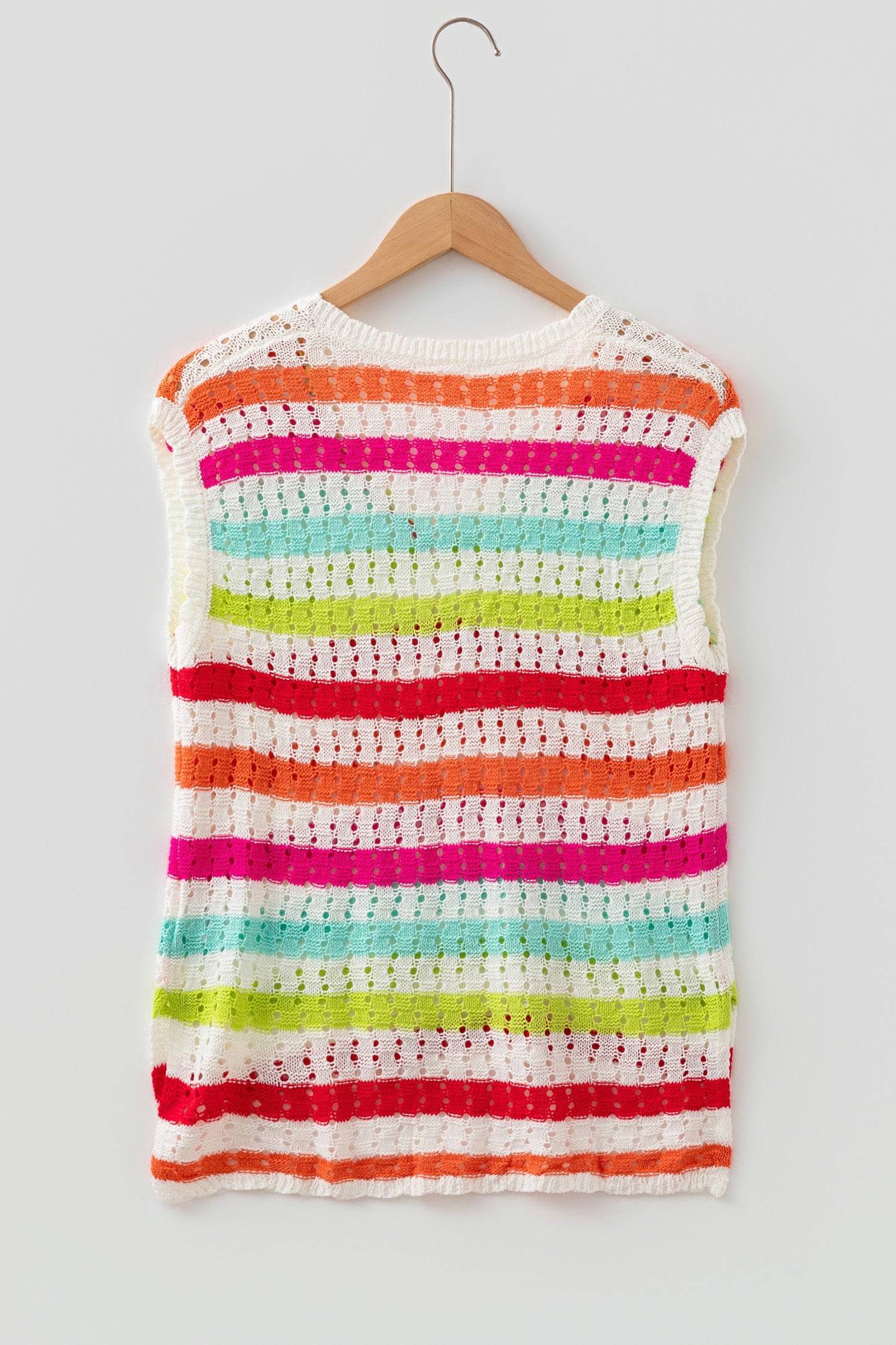 Stripe Eyelet Knit V-Neck Short Sleeve Sweater Tee