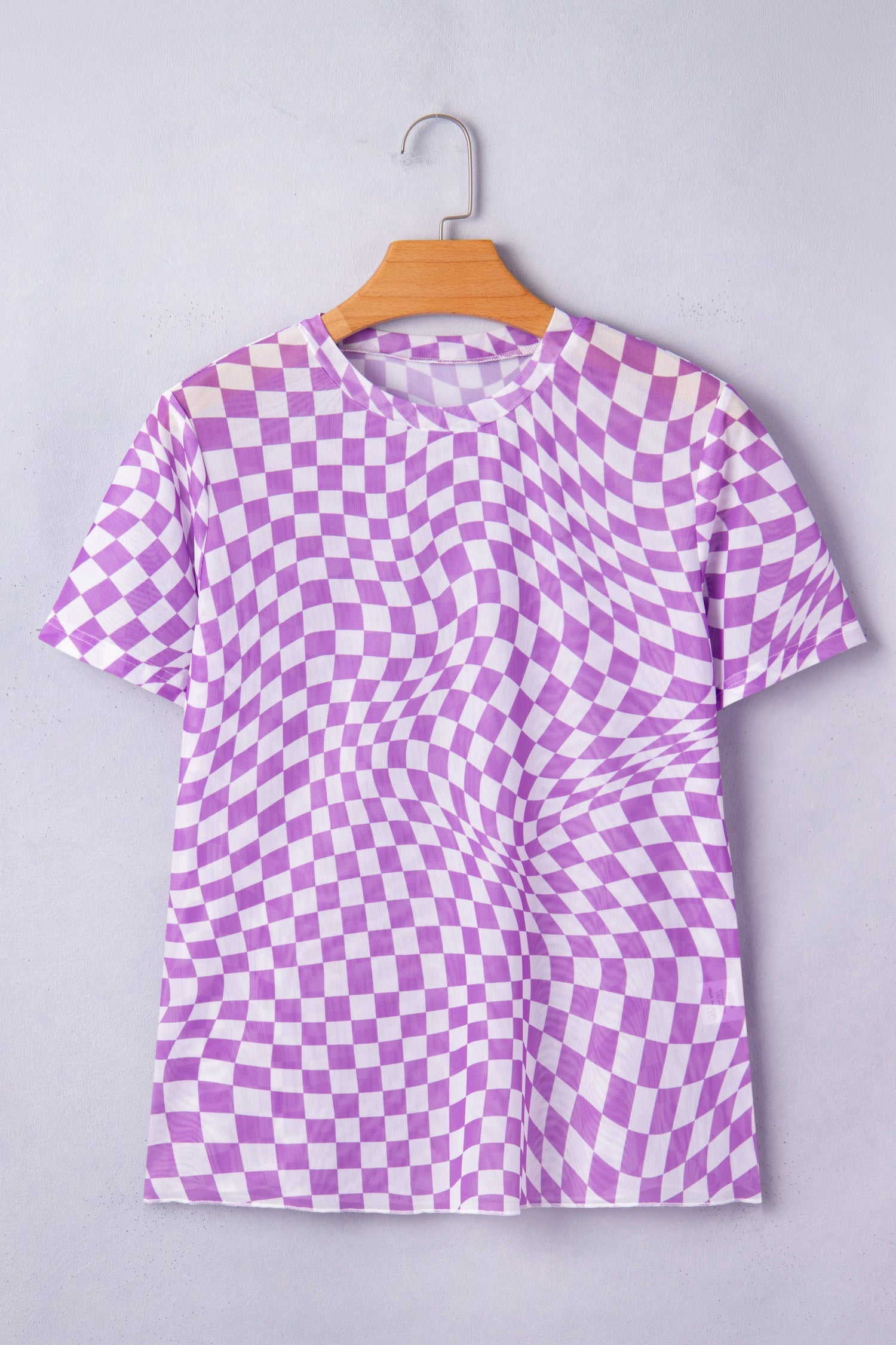 Checker Mesh Mock Neck Short Sleeve T-Shirt