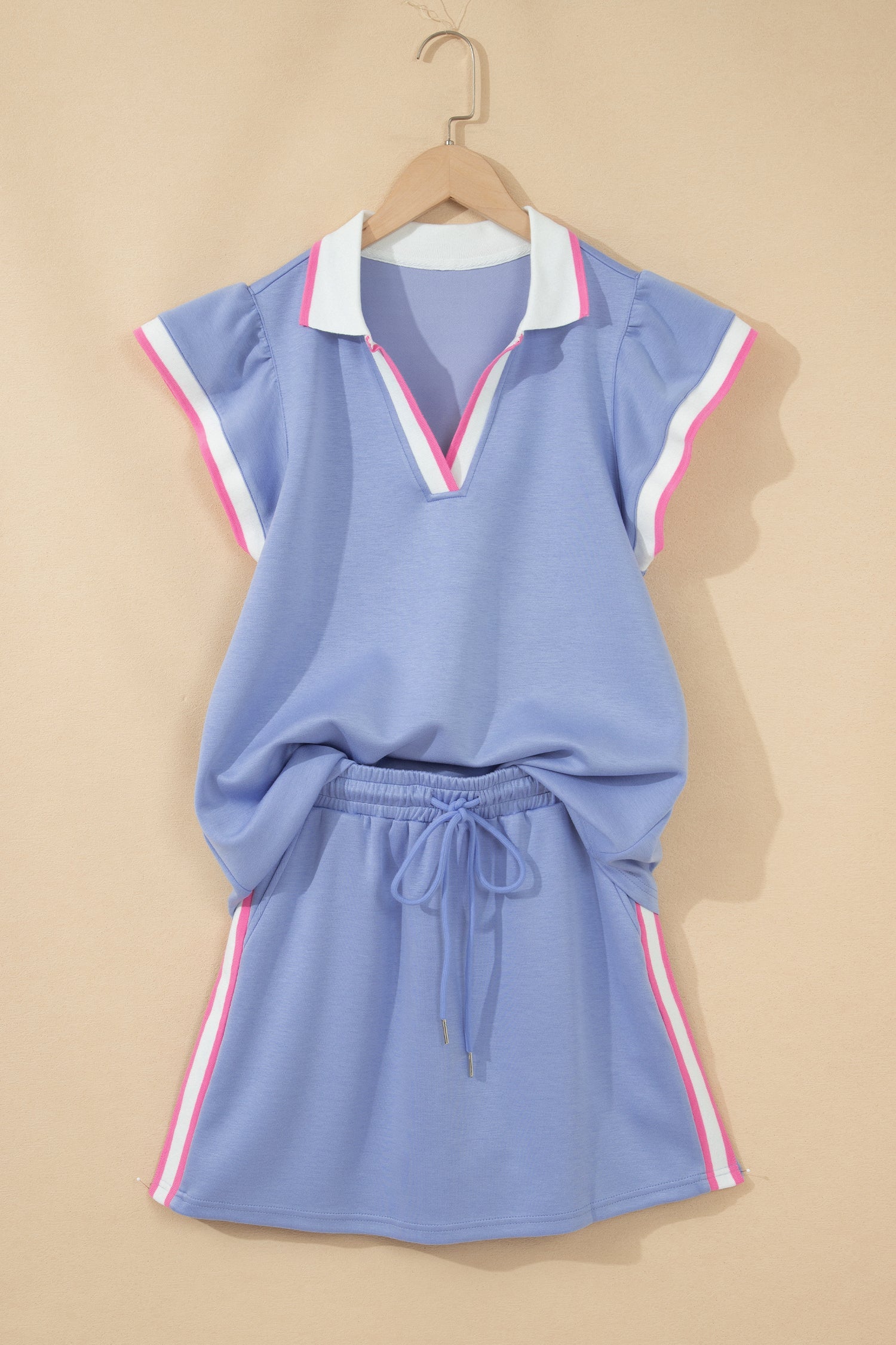 Stripe Trim Polo Tee & Drawstring Skirt Set