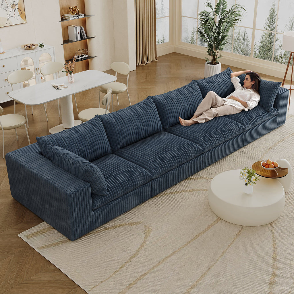 157.6'Cloud Sofa,Corduroy Fabric,Deep Seat Couches,Double-layer design,Removable  Cushion,No Assembly,DIY Combination for Living room, Bedroom,Conference room ,Apartment,Blue