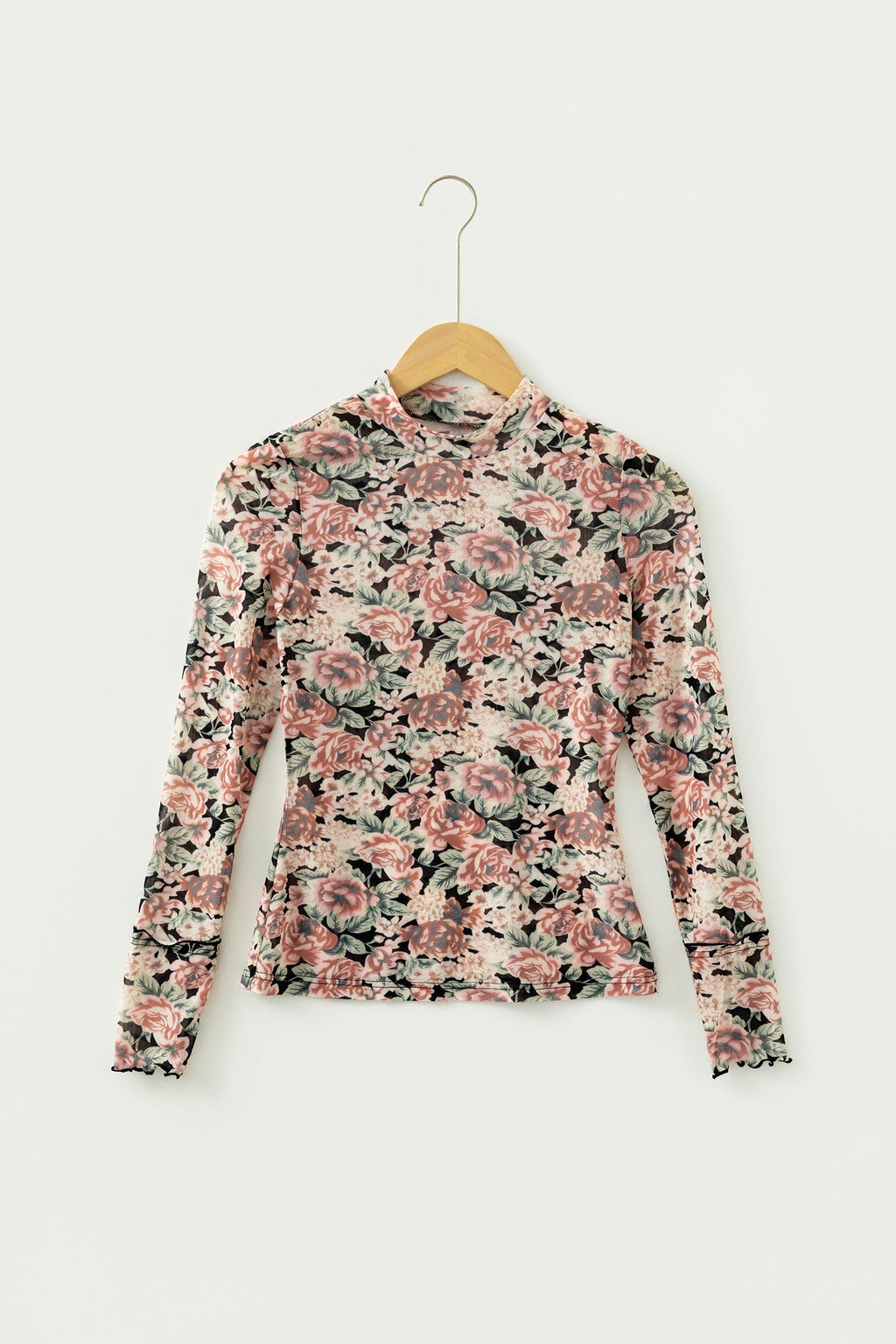 Floral Mesh Mock Neck Long Sleeve Top