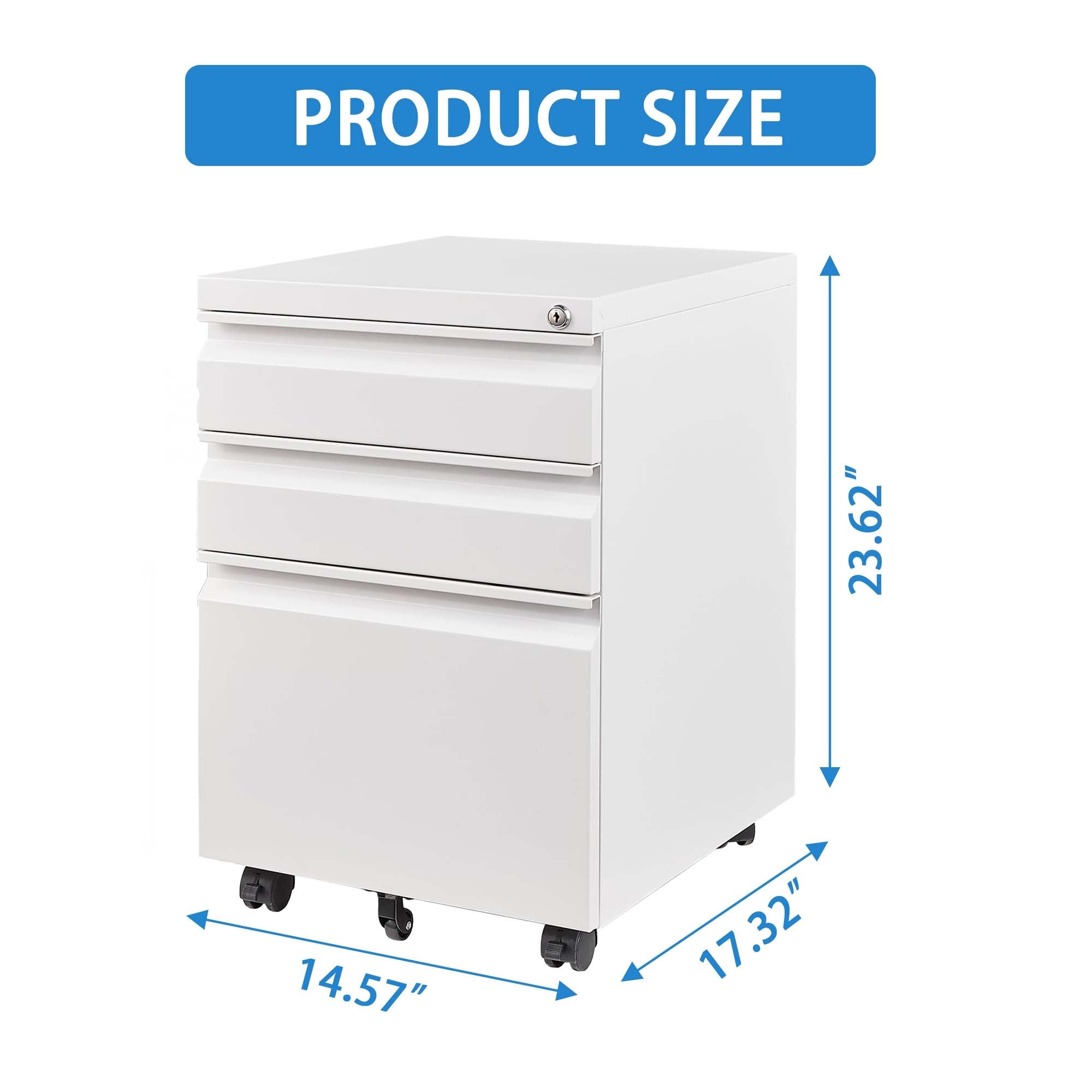 White Mobile 3-Drawer File Cabinet with Lock, Metal Organizer for Home Office, Fully Assembled