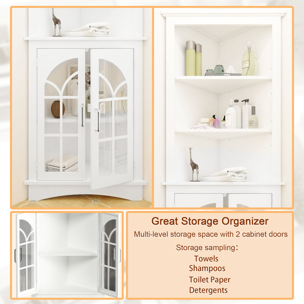 Corner Storage Cabinet, 63.3' Tall Freestanding Bookcase with  Doors & Adjustable Shelves, 5-Tier Corner Display Cabinet for Living Room, Office, Dining Room, White