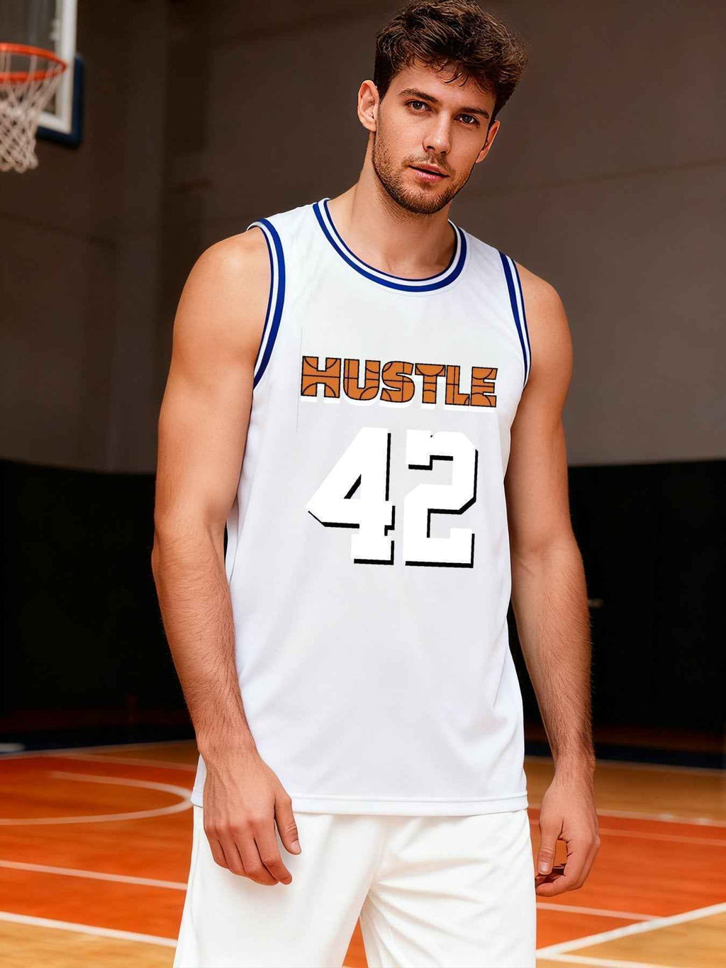 Hustle 42 Adult White with Blue Trim Basketball Jersey | Ships From USA