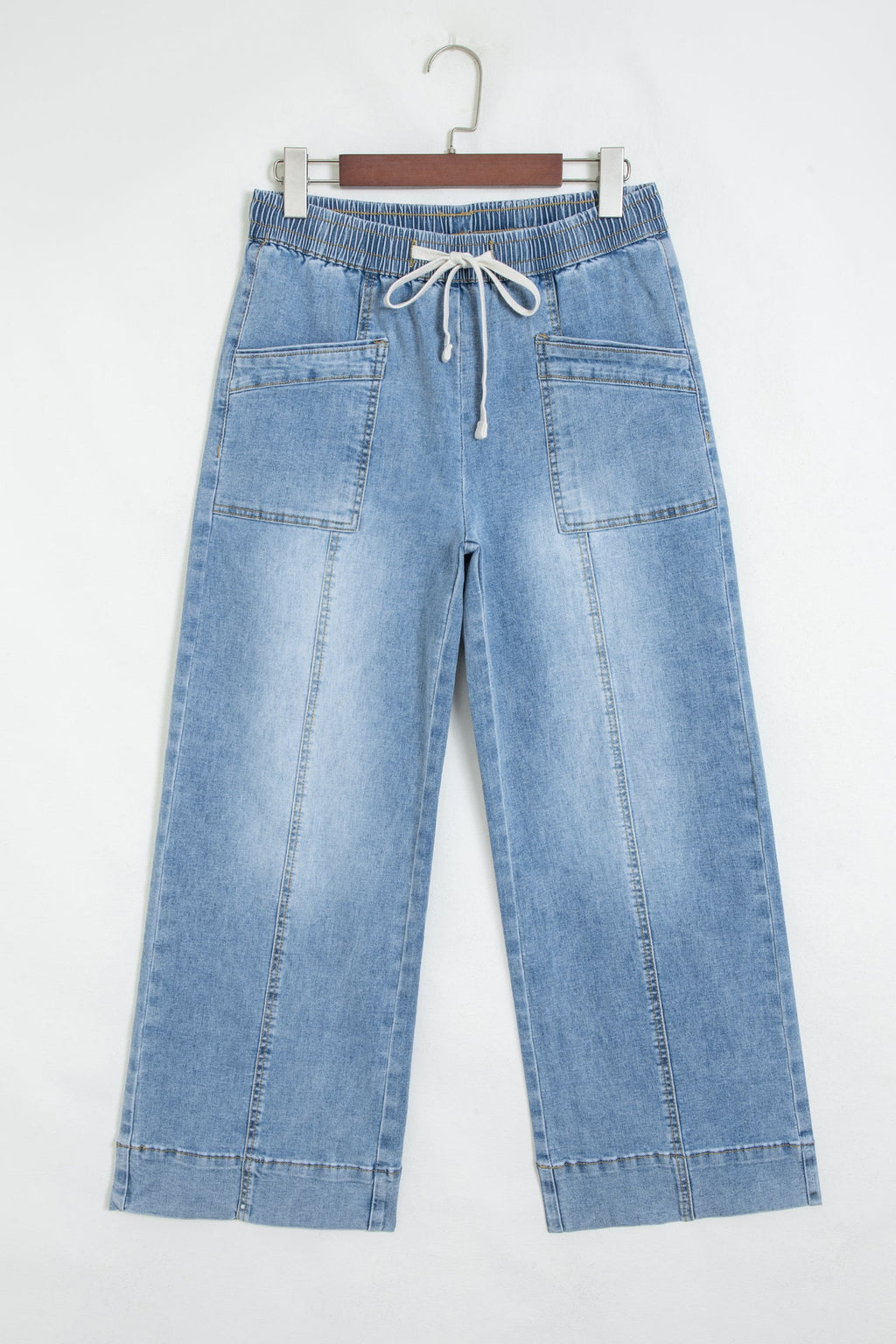 Denim Contrast Drawstring Waist Wide Leg Jeans