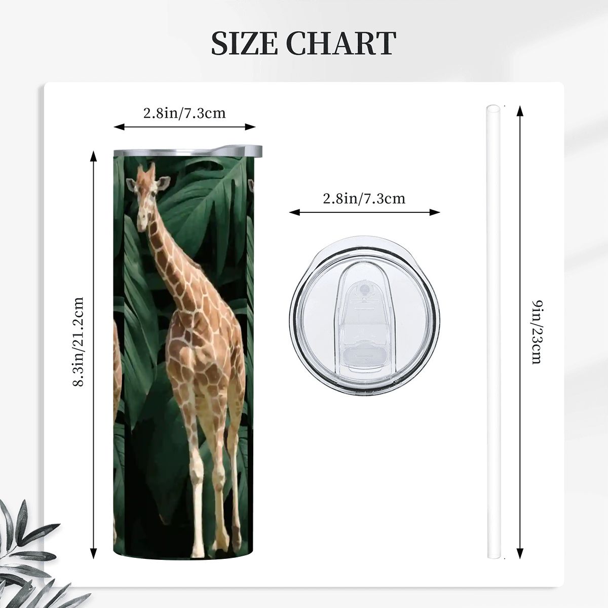 Tall Giraffe with Greenery 20oz Straight Stainless Steel Tumbler with Straw (Made in USA)