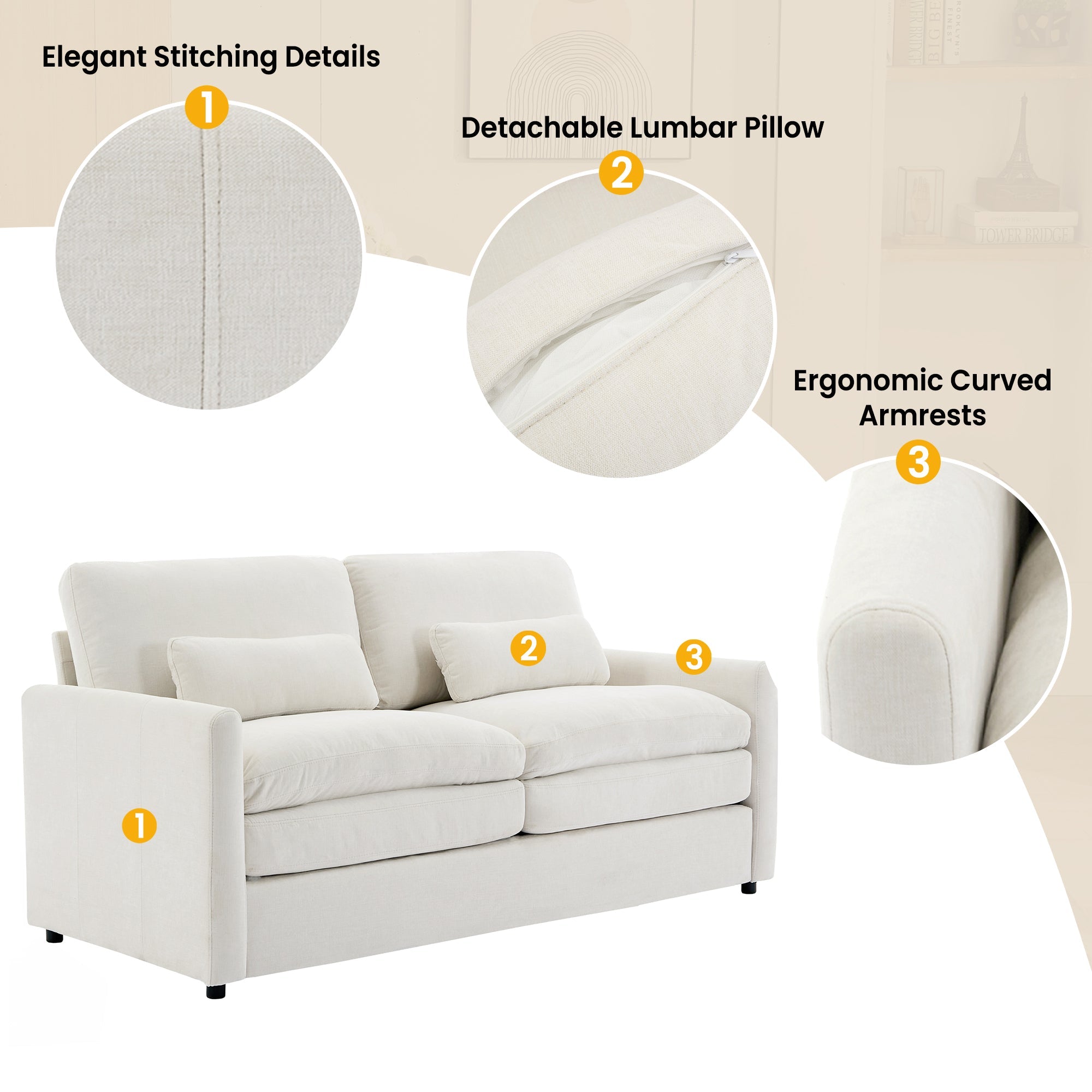 Cozy Upholstered Loveseat Sofa with Double Cushion Design in Beige Chenille, 68.1'
