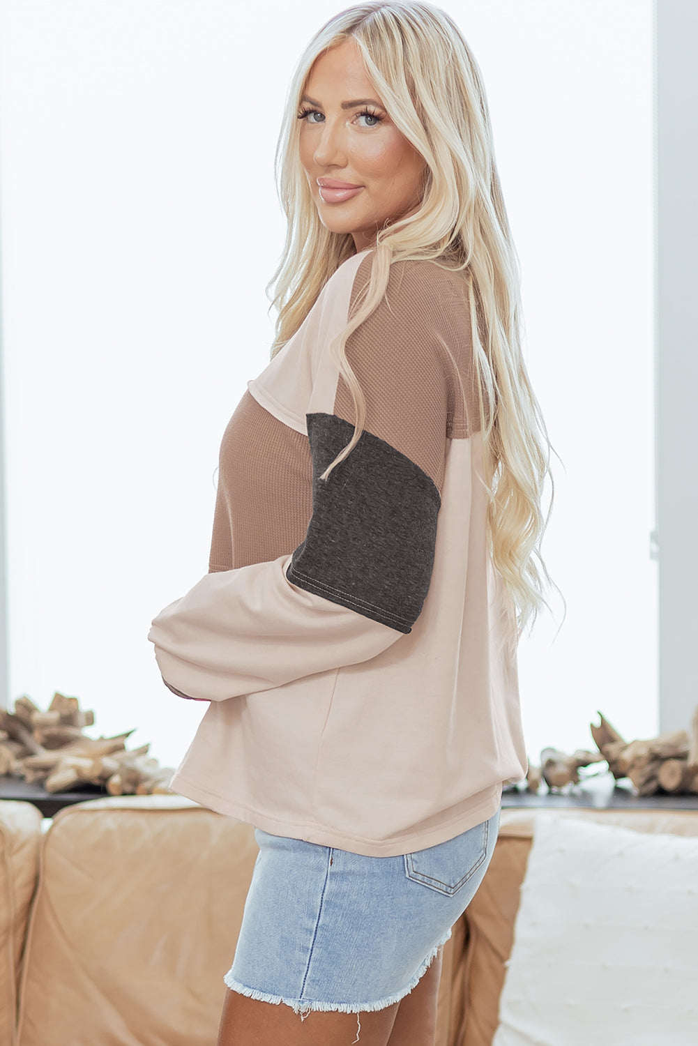 Colorblock Waffle Knit Patchwork Henley Top