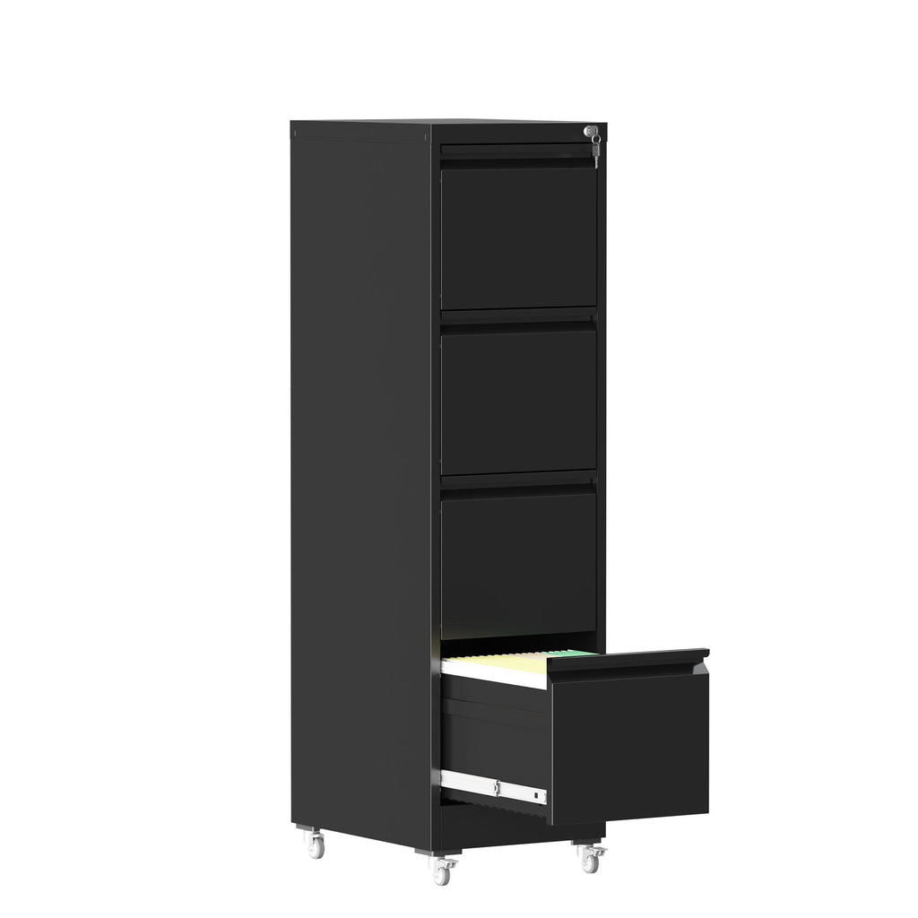 Black Heavy-Duty Metal 4 Drawer Locking Vertical File Cabinet with Wheels for Home & Office, 17.71'D x 15.16'W x 52.28'H