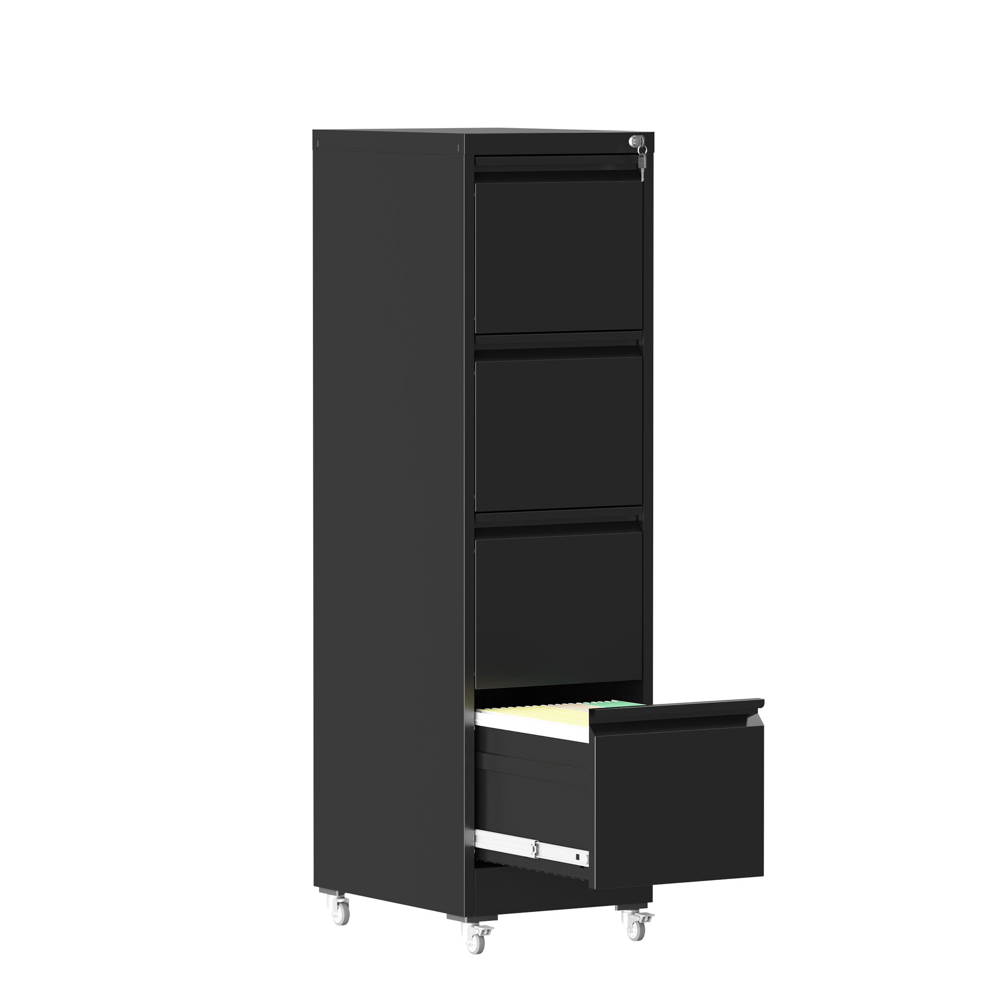 Black Heavy-Duty Metal 4 Drawer Locking Vertical File Cabinet with Wheels for Home & Office, 17.71'D x 15.16'W x 52.28'H