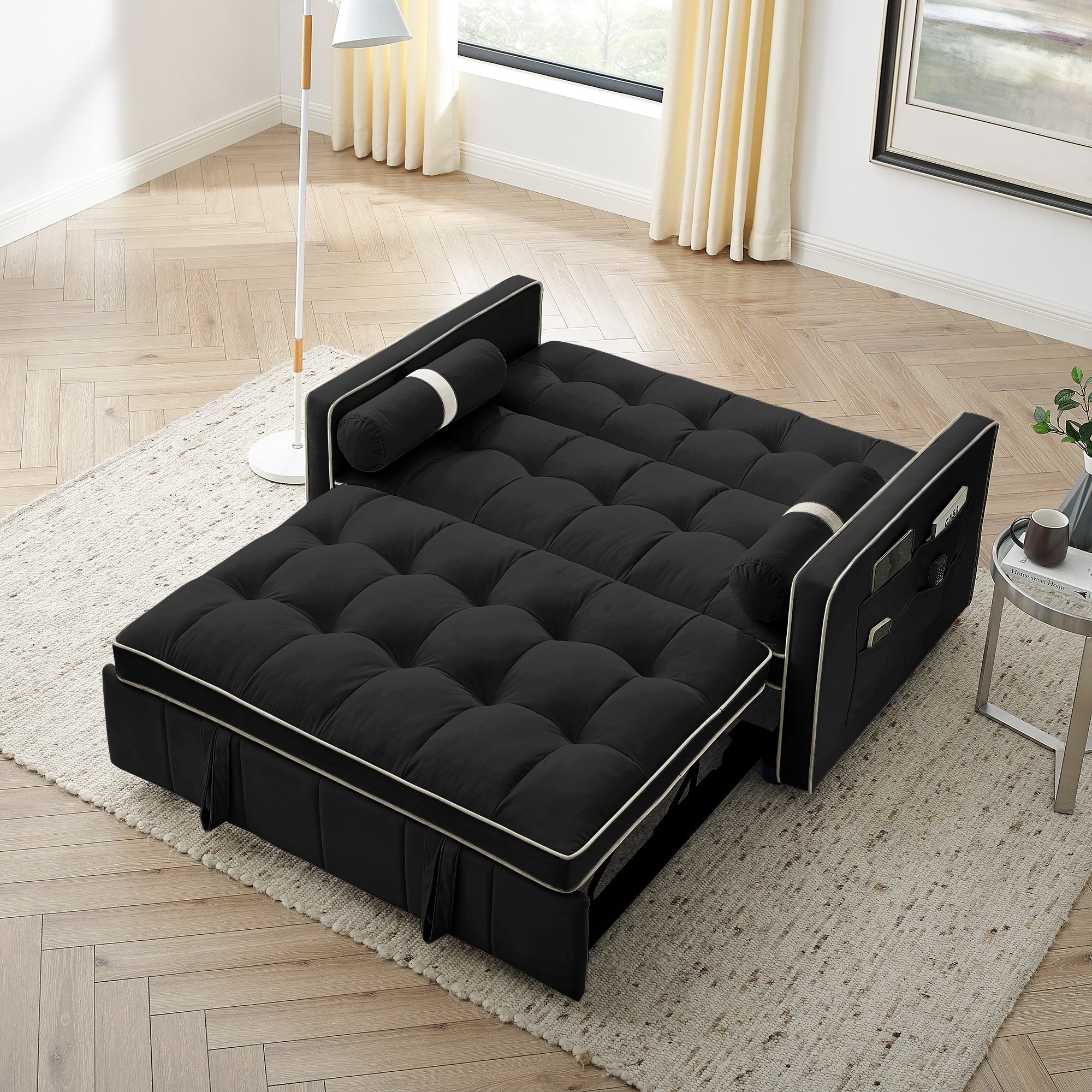 Modern 55.5' Pull Out Sleep Sofa Bed 2 Seater Loveseats Sofa Couch with side pockets, Adjsutable Backrest and Lumbar Pillows for Apartment Office Living Room