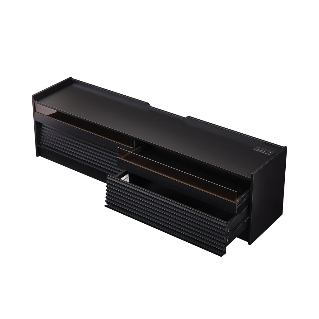 Mirod Modern TV Stand with Ample Storage,4 Drawer Design with Tempered Glass ,Built-in Charging Ports and Ambient LED Lighting ,Versatile for Any Decor Style
