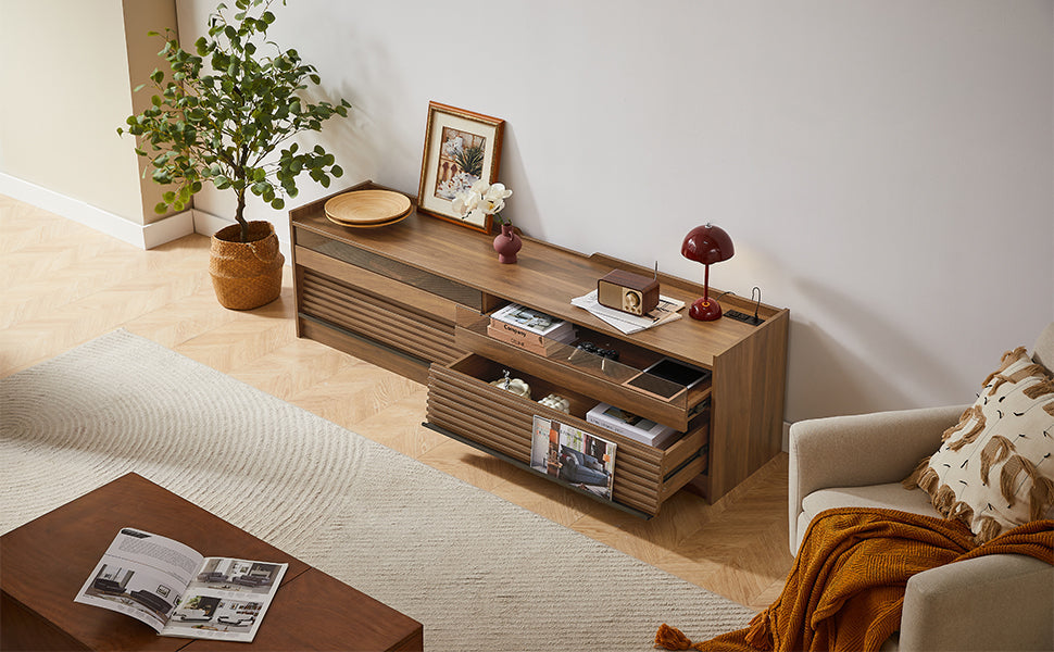 Mirod Modern TV Stand with Ample Storage,4 Drawer Design with Tempered Glass ,Built-in Charging Ports and Ambient LED Lighting ,Versatile for Any Decor Style