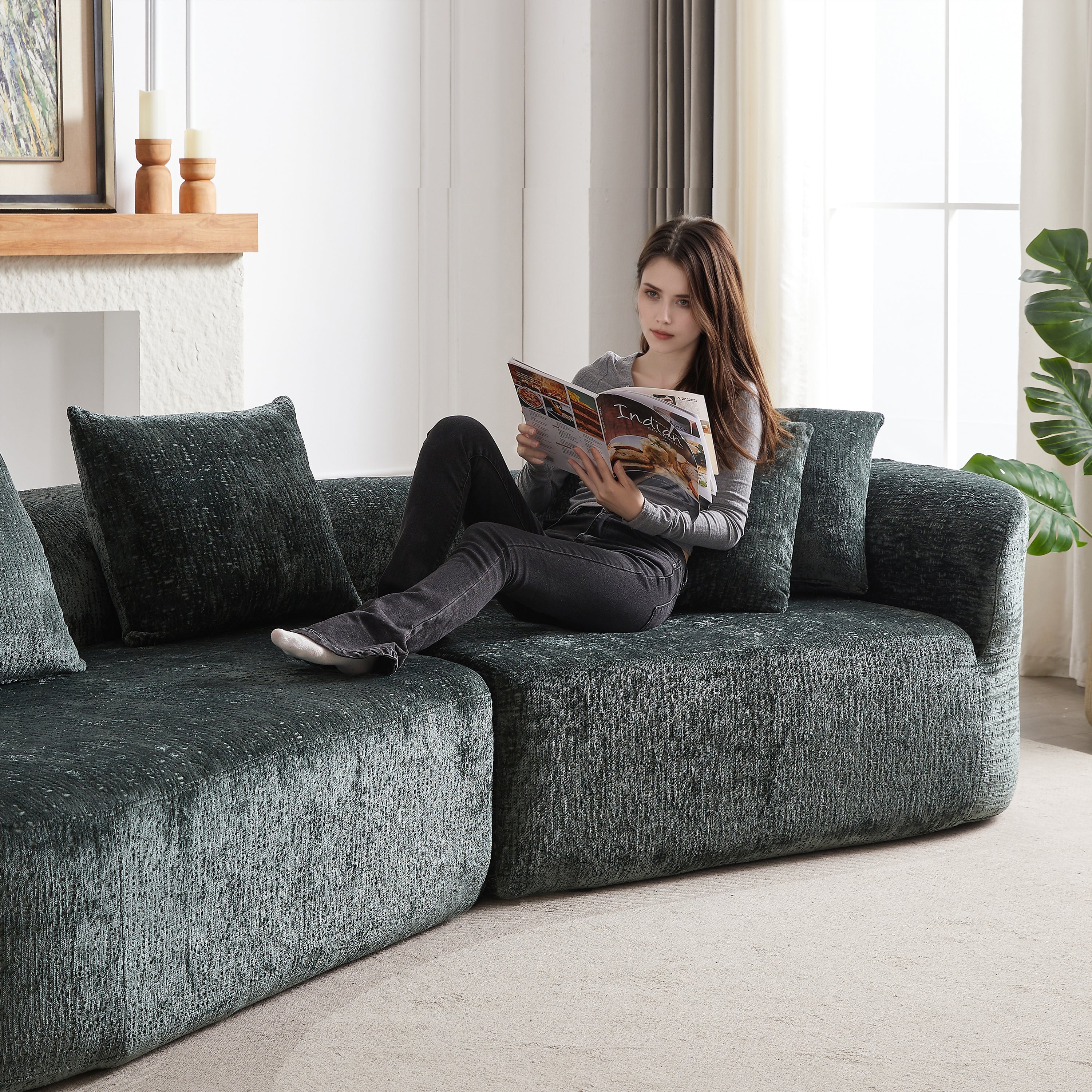 Modern Upholstered Oversized Sectional Sofa, 114-Inch Chenille 4-Seater Extra Deep & Wide Seat Curved Cloud Couch with 4 Throw Pillows, Free Combination Sofa Couch for Living Room,Bedroom