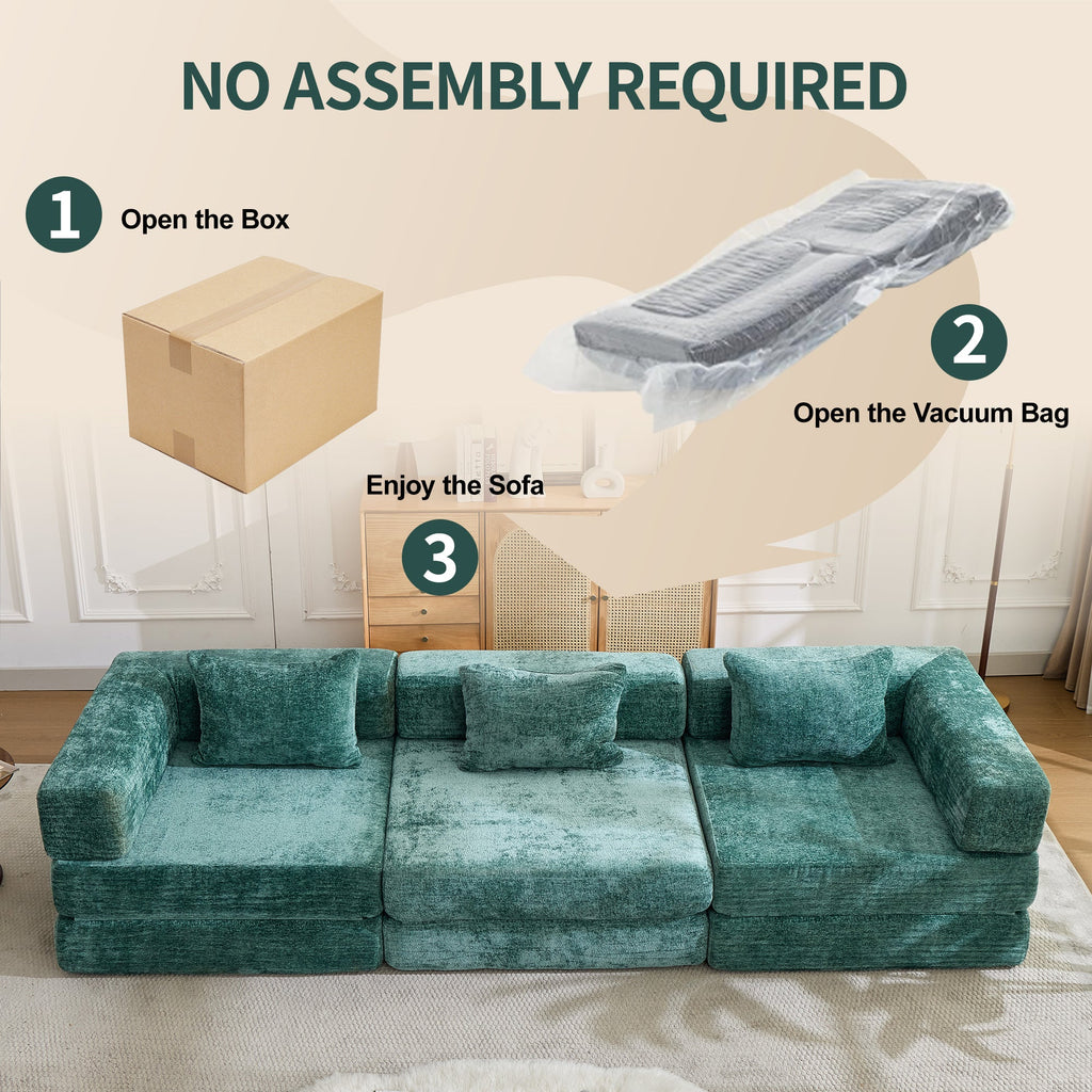 Compression Sofa,Convertible Floor Sofa Bed with Fixed-Shape Frame, Boneless Modular Sectional Sofa,No Assembly Required,Chenille fabric,for Living Room Bedroom,Dark Green