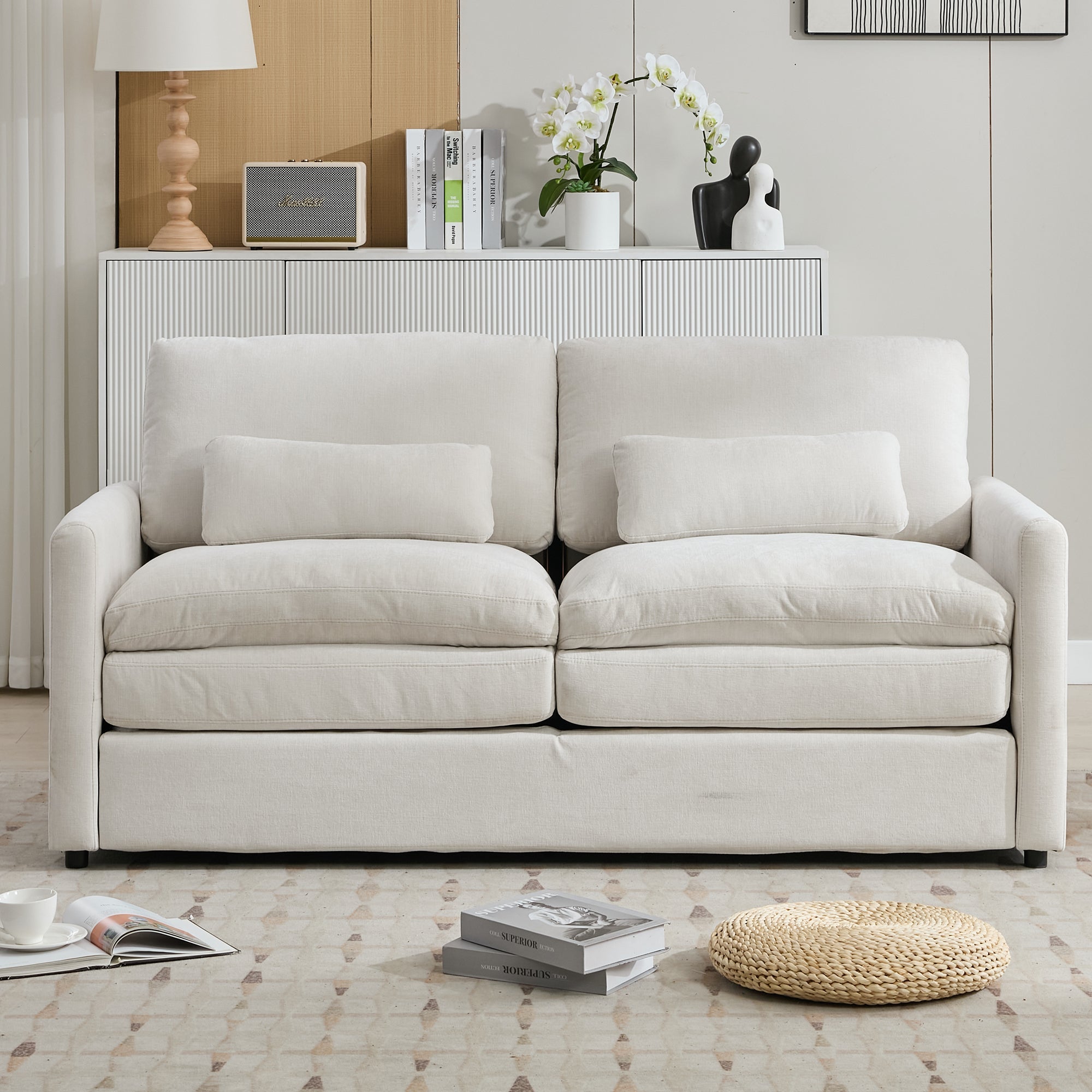 Cozy Upholstered Loveseat Sofa with Double Cushion Design in Beige Chenille, 68.1'