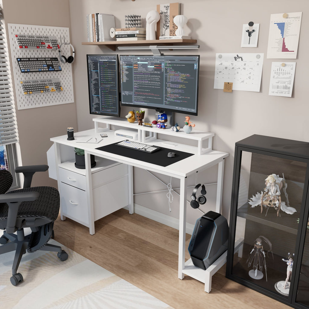 47.3'office desk with power outlet,2 Monitor Stands,2 drawers,Side Pocket,Easy to Assemble,Frame stability Reversible,use for home desk, computer desk, game table,White