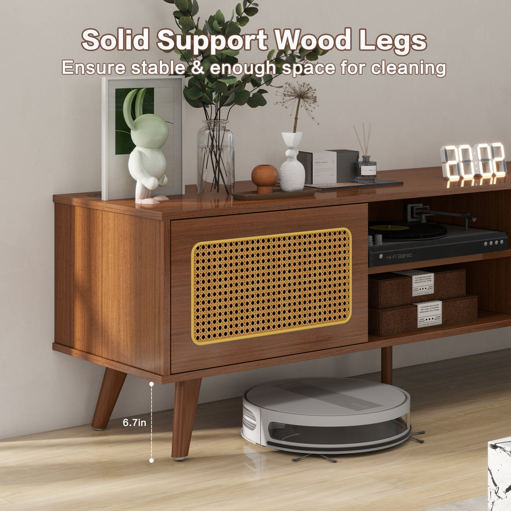 Mid Century Modern Rattan TV Stand for 55/60/65 inch TV , Entertainment Cabinet, Media Console for Living Room Bedroom Media Room, Solid Wood Feet & Rattan Cabinet Doors  (Walnut, 59')