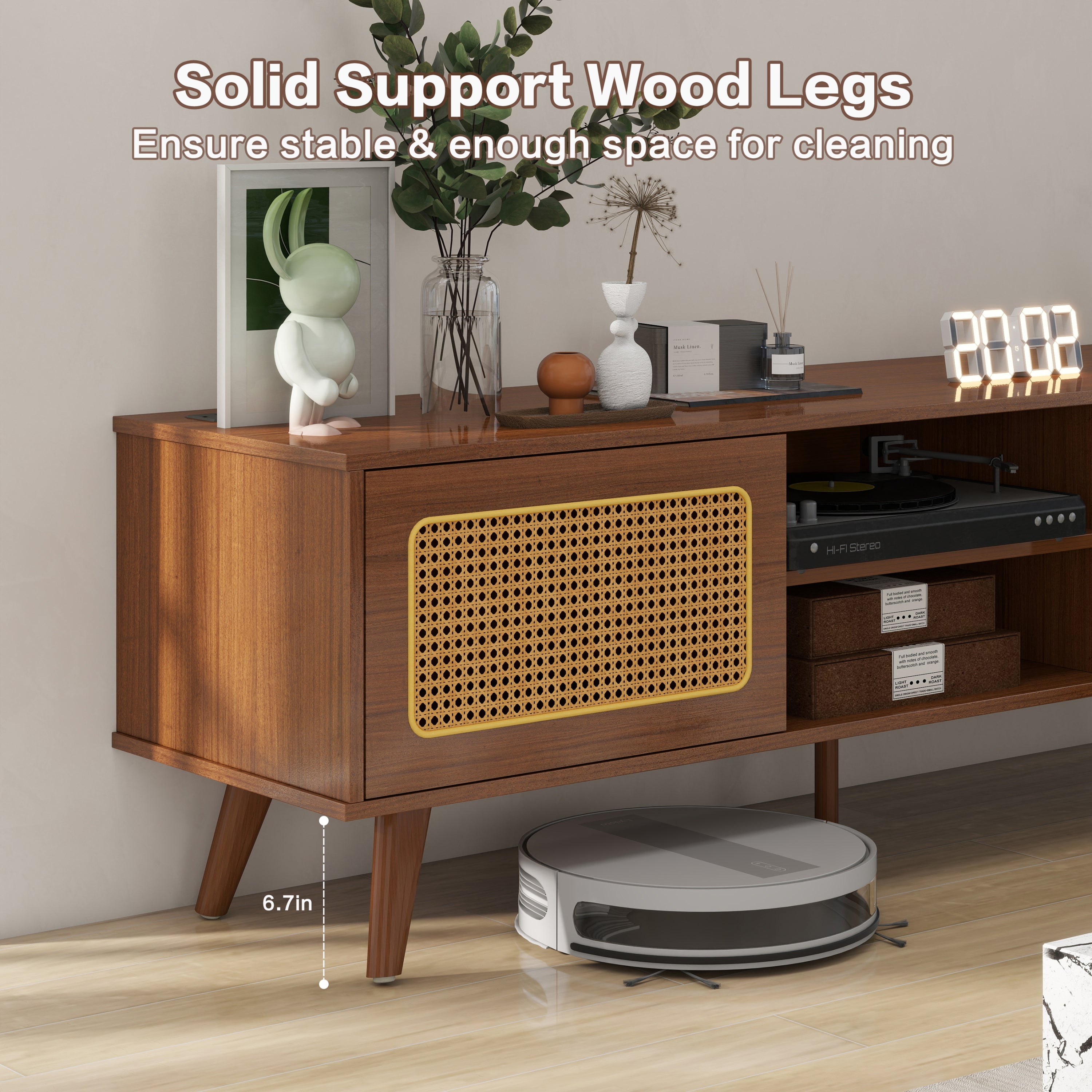 Mid Century Modern Rattan TV Stand for 55/60/65 inch TV , Entertainment Cabinet, Media Console for Living Room Bedroom Media Room, Solid Wood Feet & Rattan Cabinet Doors  (Walnut, 59')