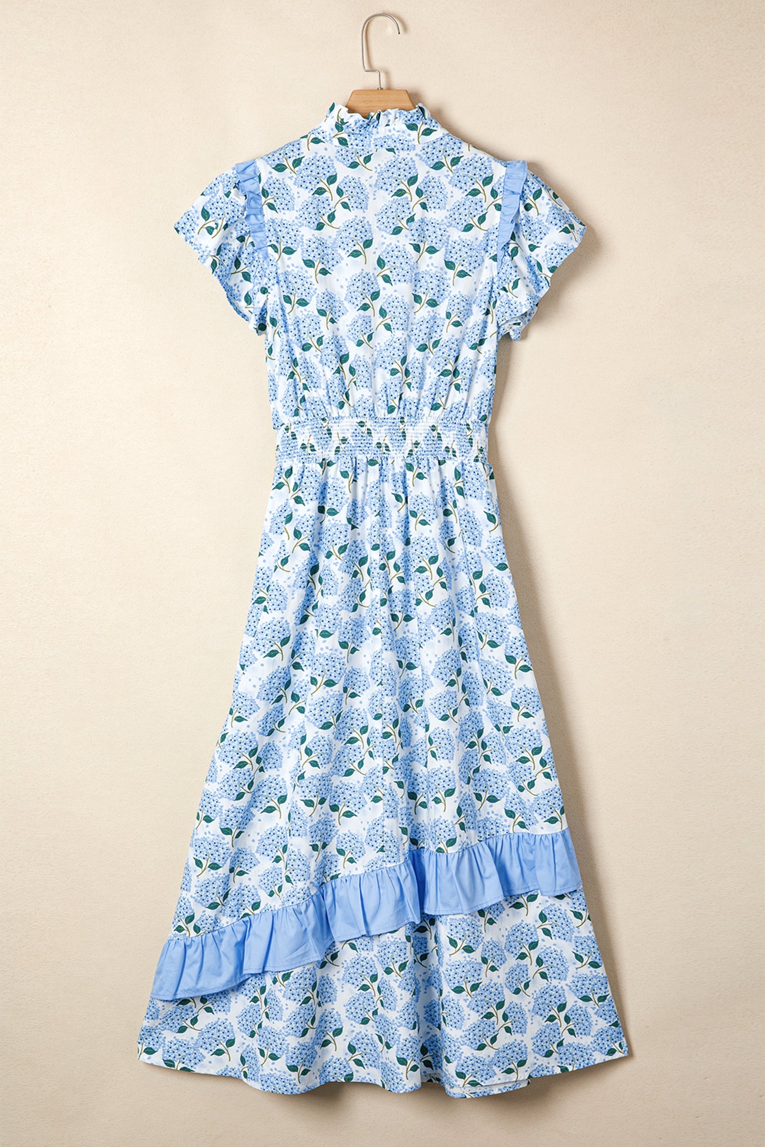 Floral Hydrangea Ruffle Trim Flutter Sleeve Maxi Dress