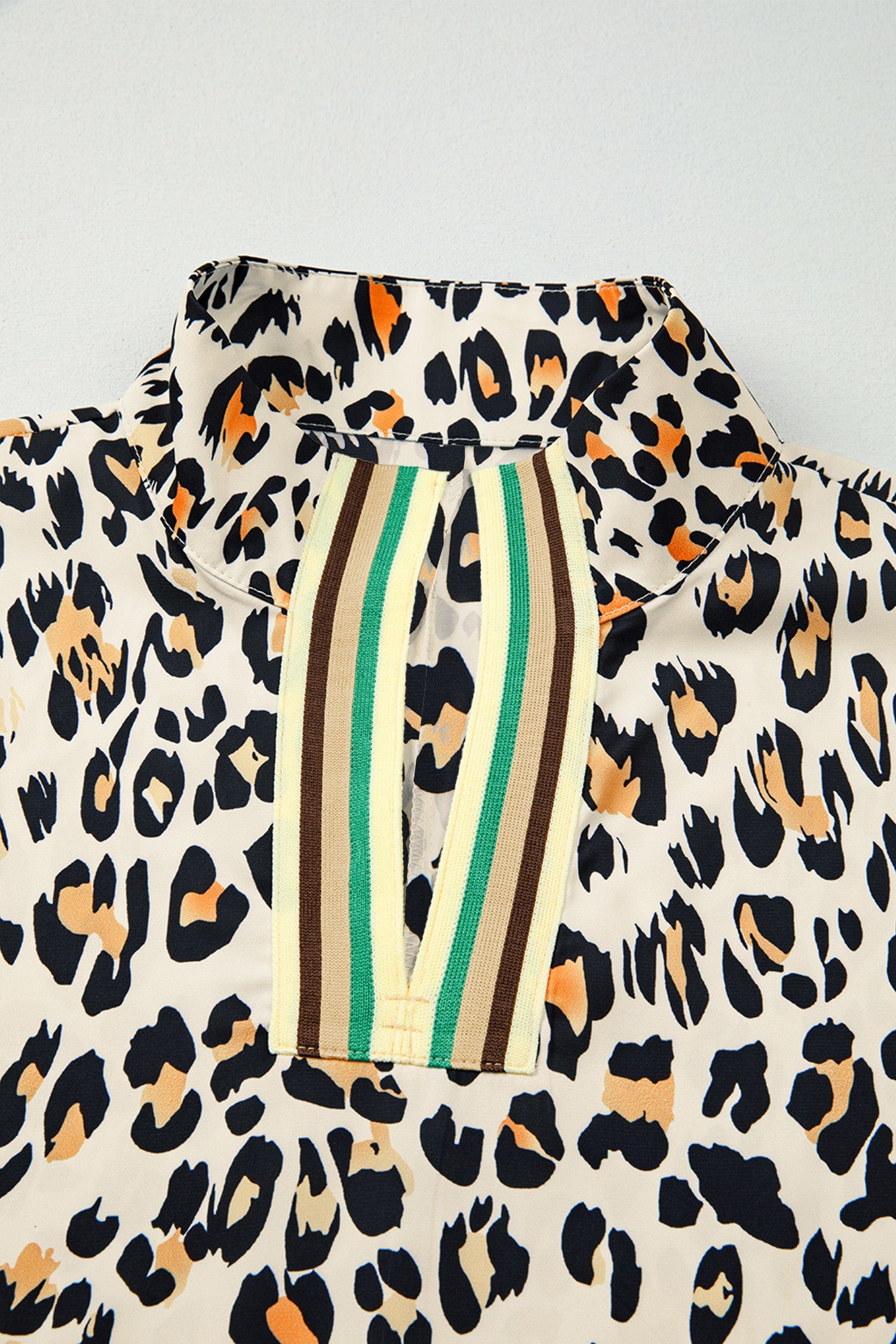 Leopard Colorblock Contrast V-Neck Short Sleeve Blouse