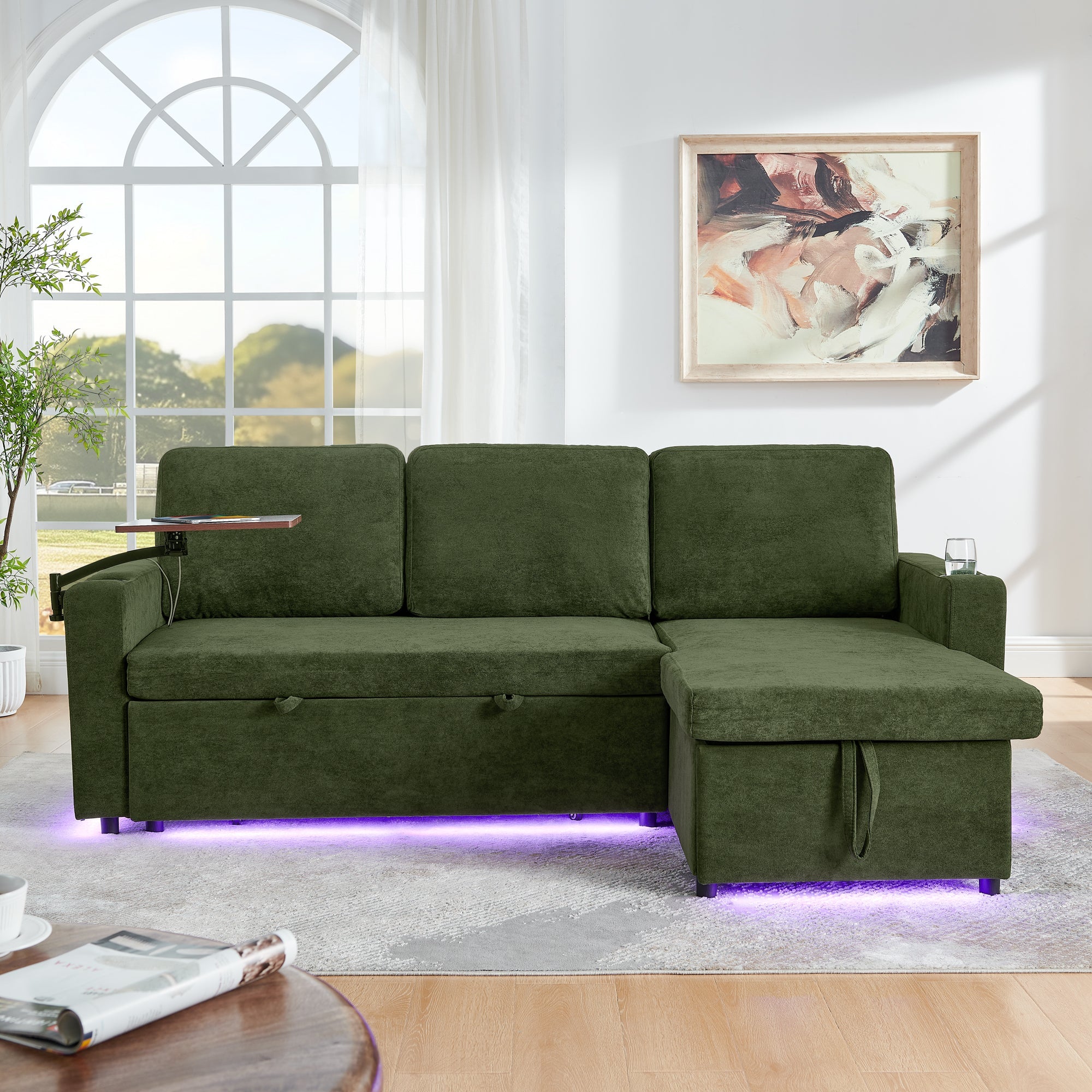Modern Chenille Multi-functional Pull-Out Bed Sofa with Retractable Table and LED Lighting, USB Charging Ports and Cup Holders, Green
