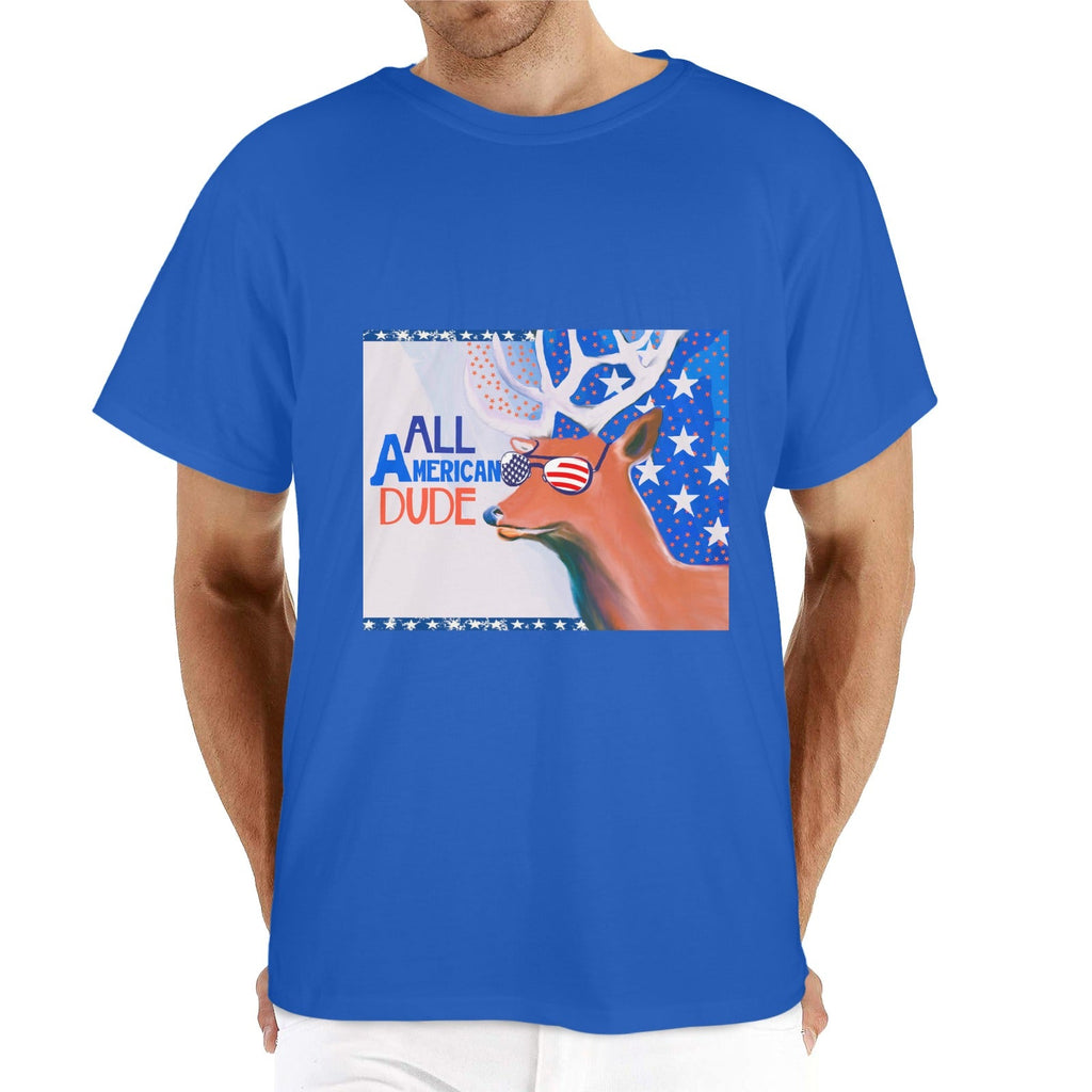 All American Dude with Deer Men's Blue Cotton T-Shirt | Ships from USA