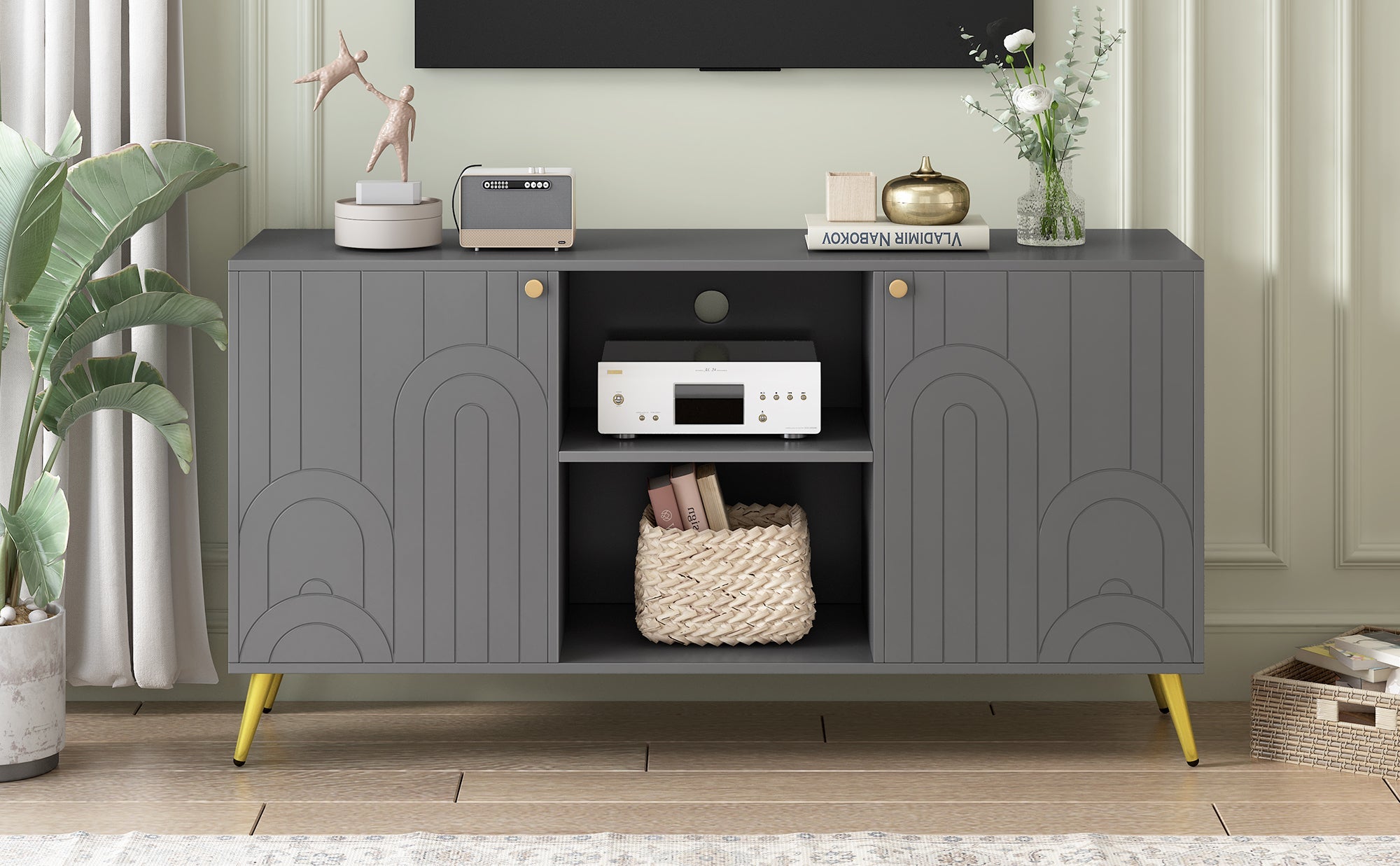 U-Can Modern TV Stand for TVs up to 55 Inches, Entertainment Center Media Console,Adjustable Shelf, Metal Legs, Handles and Anti-tip Device for Living room