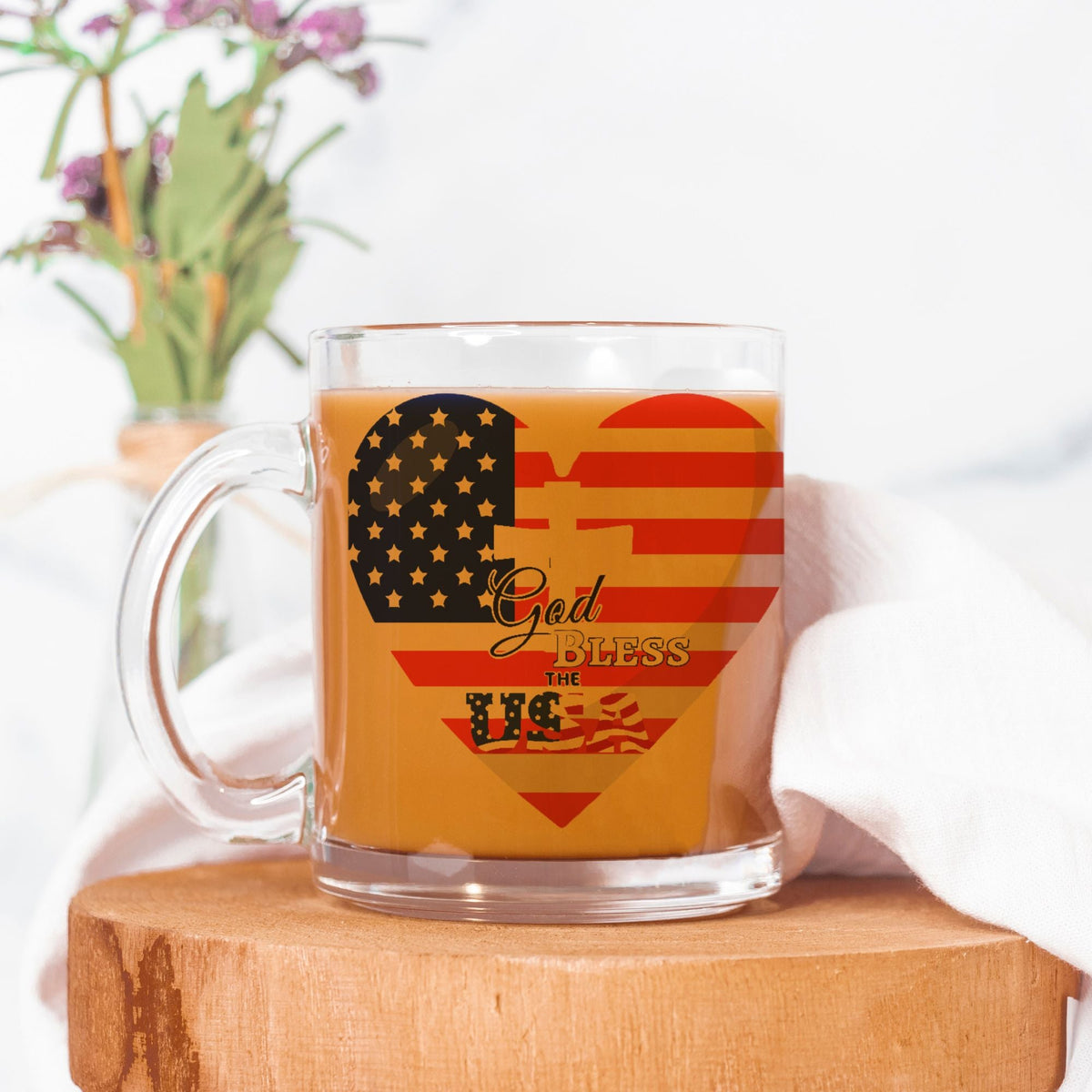 God Bless the USA 10 oz Clear Glass Mug