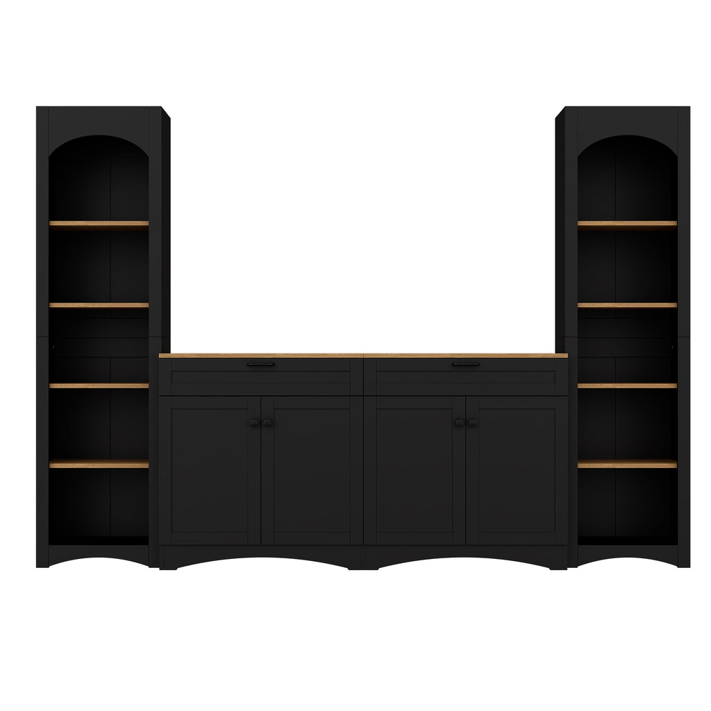 ON-TREND 3-Piece Farmhouse Entertainment Center with Storage Cabinet for TVs Up to 70', Mid-Century TV Stand with Bookshelf, Rustic Versatile Sideboard with Adjustable Shelves for Living Room, Black