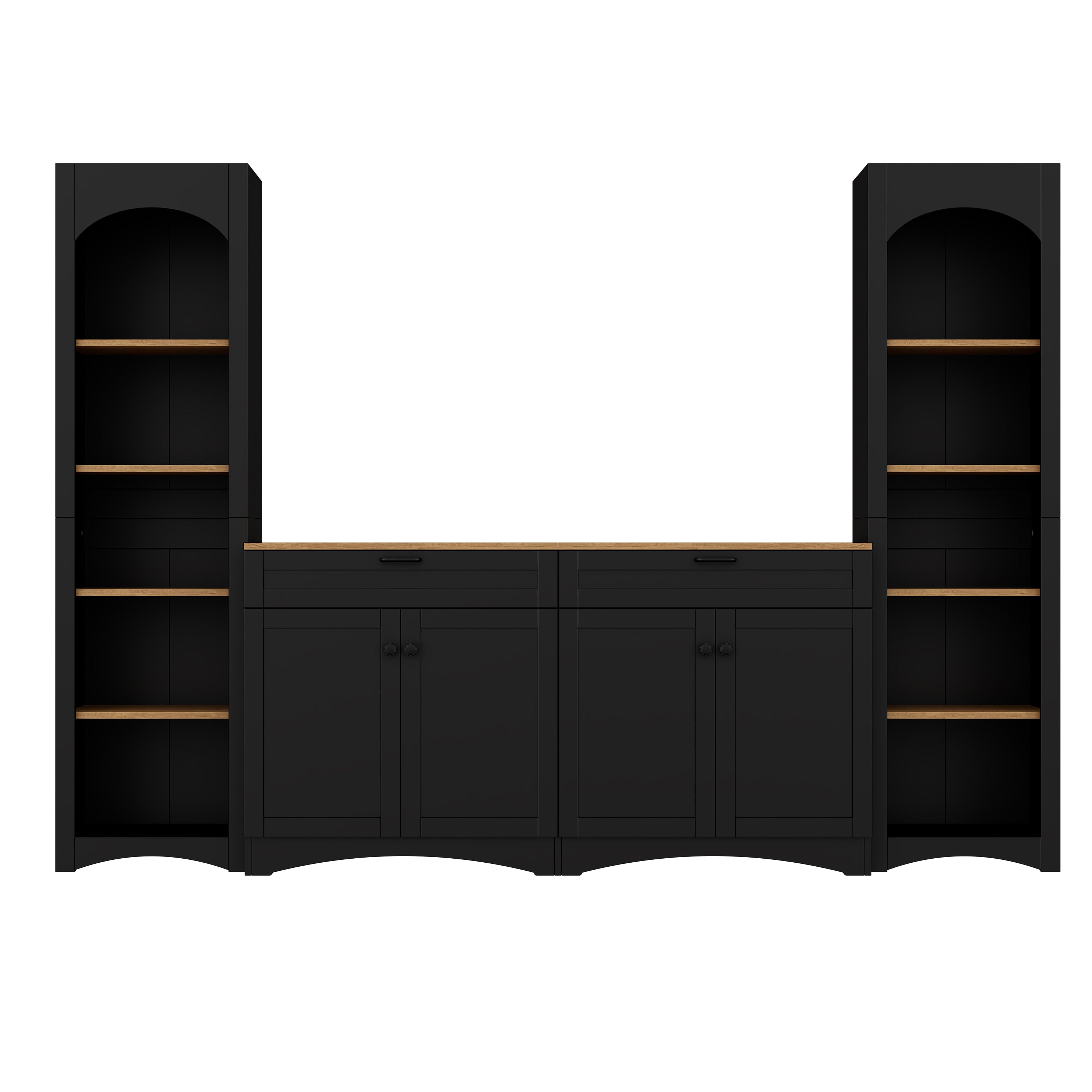 ON-TREND 3-Piece Farmhouse Entertainment Center with Storage Cabinet for TVs Up to 70', Mid-Century TV Stand with Bookshelf, Rustic Versatile Sideboard with Adjustable Shelves for Living Room, Black