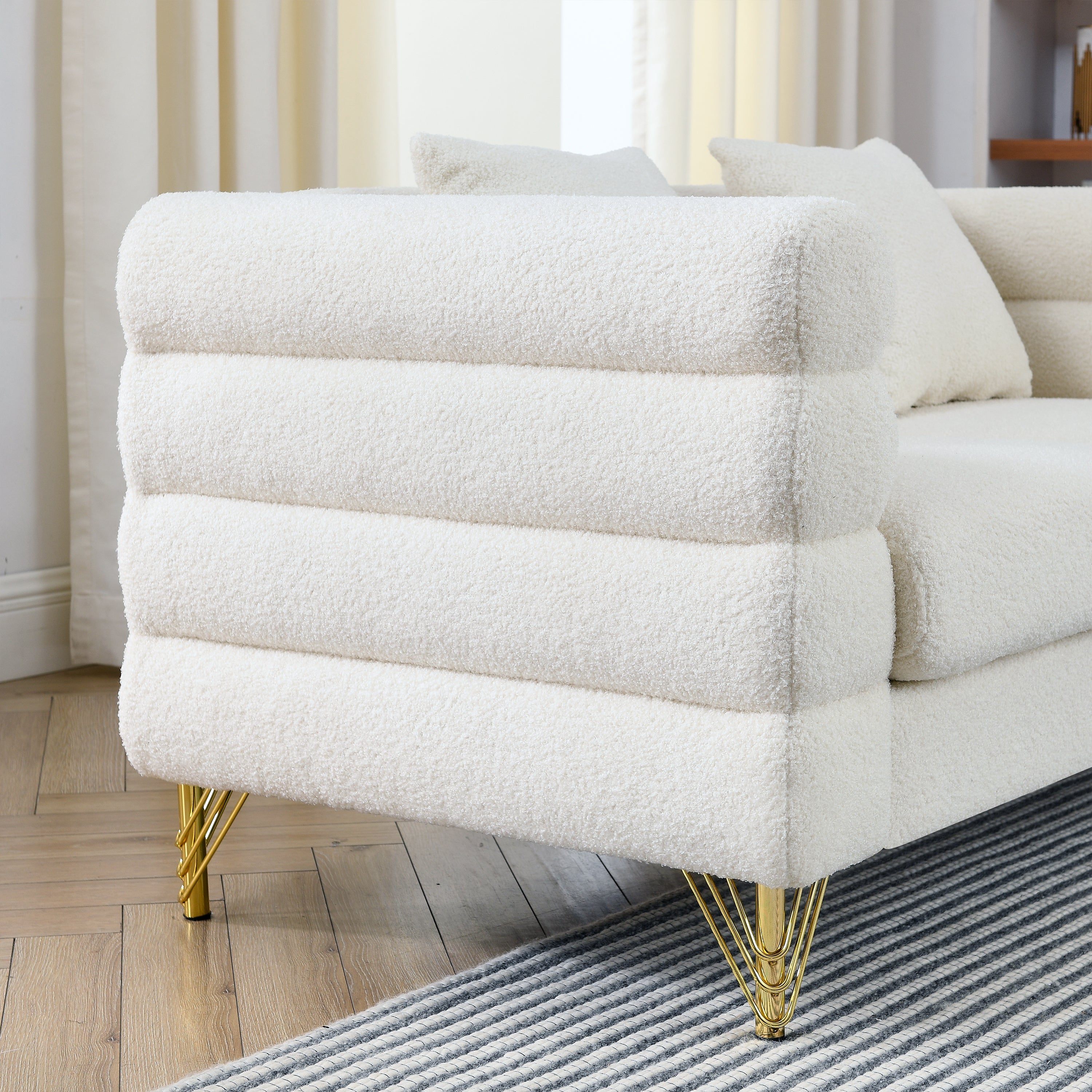 60Inch Oversized 2 Seater Sectional Sofa, Living Room Comfort Fabric Sectional Sofa-Deep Seating Sectional Sofa, Soft Sitting with 2 Pillows for Living Room, Bedroom  White teddy(Ivory)(W834S00029)