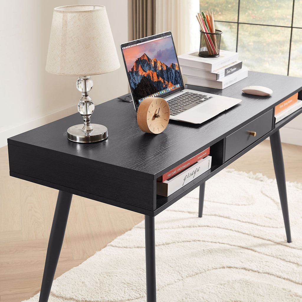 Mid Century Desk with USB Ports and Power Outlet, Modern Writing Study Desk with Drawers, Multifunctional Home Office Computer Desk Black