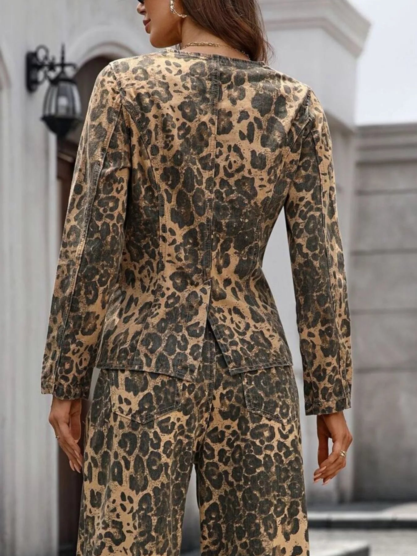 Leopard Button Up Long Sleeve Denim Shirt Slightly Stretchy