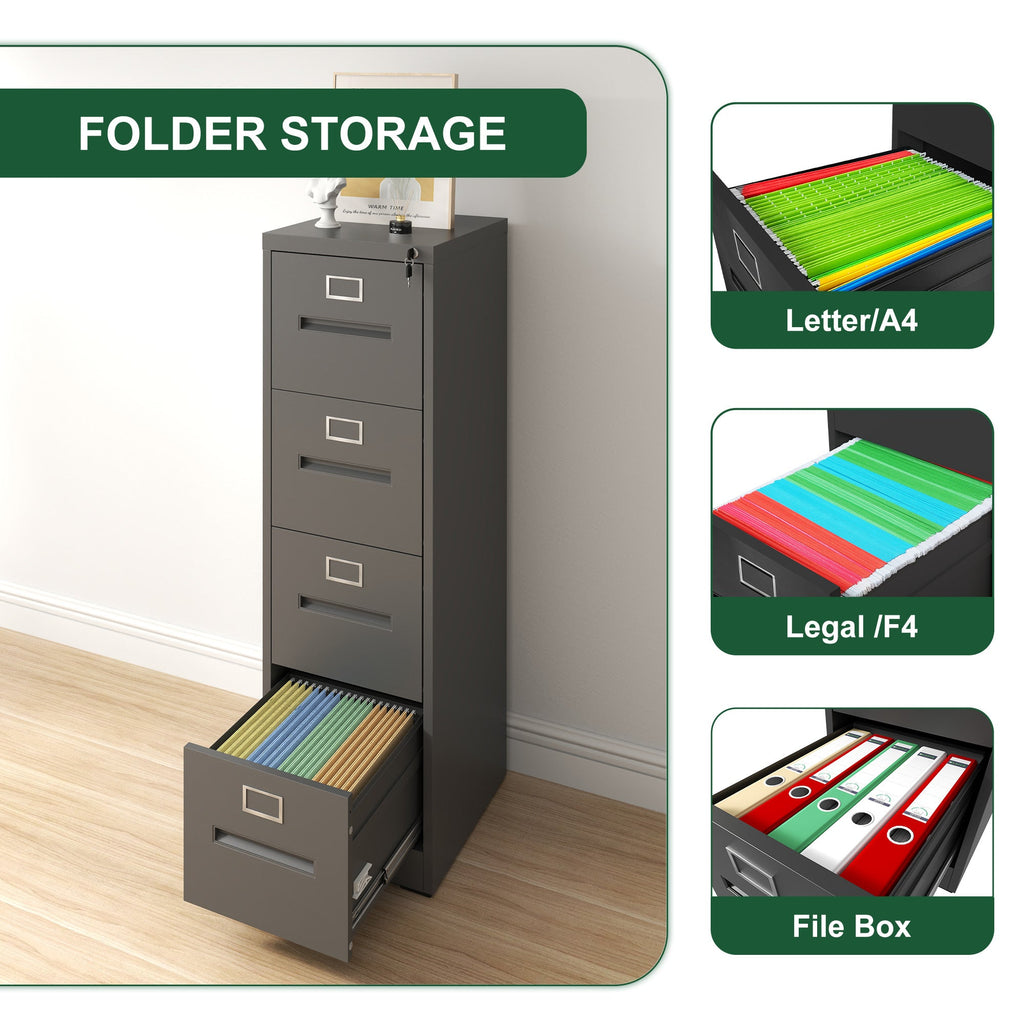 Premium 4 Drawer File Cabinet with Lock Metal Vertical File Cabinet for Office or Home in Black Steel, A4 Legal/Letter Size